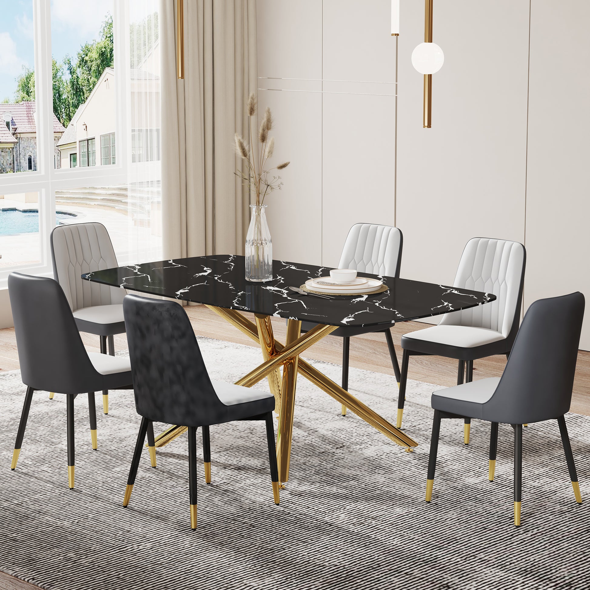 Large Modern Minimalist Rectangular Dining Table With 0.39 "Imitation Marble Black Tabletop And Golden Metal Legs, Paired With Chairs With Pu Cushions And Black Metal Legs. F 1537 C 007 Black Gold Glass Metal