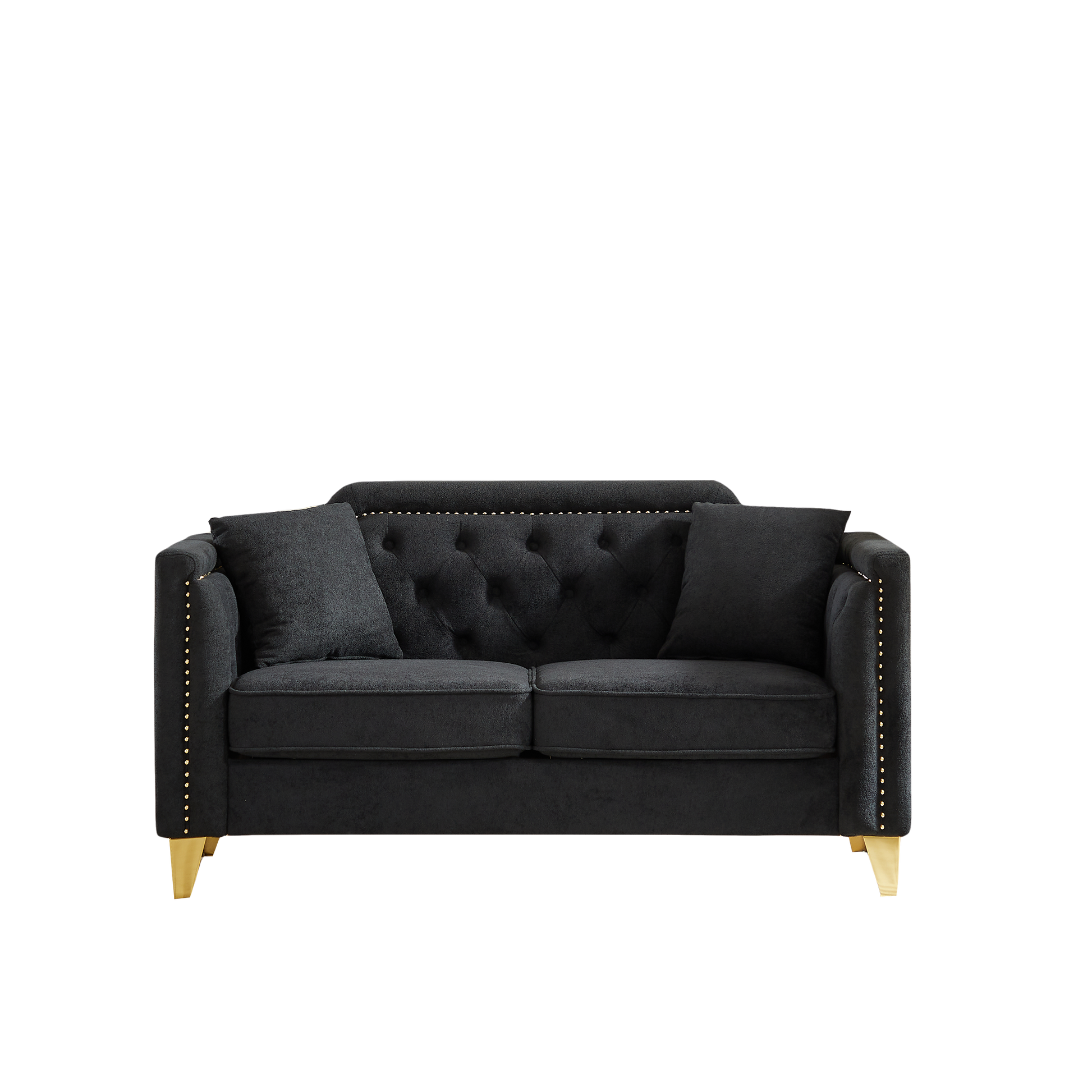 Fx 61.5"Mid Century Design Modern Sofa,Chenille Pull Buckle Design Sofa For Living Room,Buttons Tufted With Copper Nail Decoration Armrest, With 2 Pillows,Modern Couch Upholstered Button And Metal Leg Black Chenille Wood Pine Foam Fabric 2 Seat