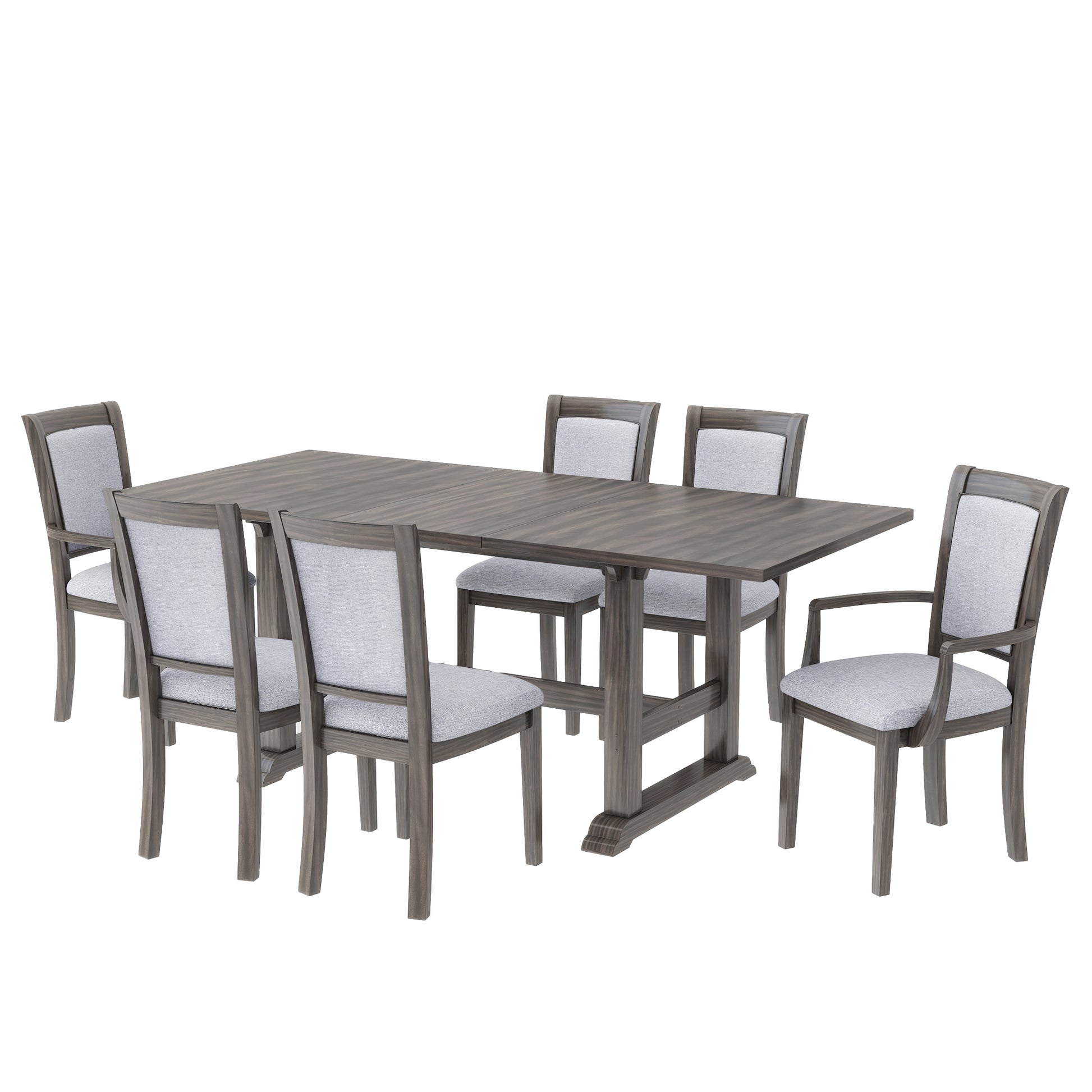 7 Piece Updated 76.9Inch Extendable Trestle Dining Table Set With Removable Leaf, Kitchen Table Set With Upholstered Side Chair And Arm Chair, Set Of 6, Grey Brown Wood Dining Room Solid Wood Rubberwood Rectangular Dining Table With Chair Upholstered