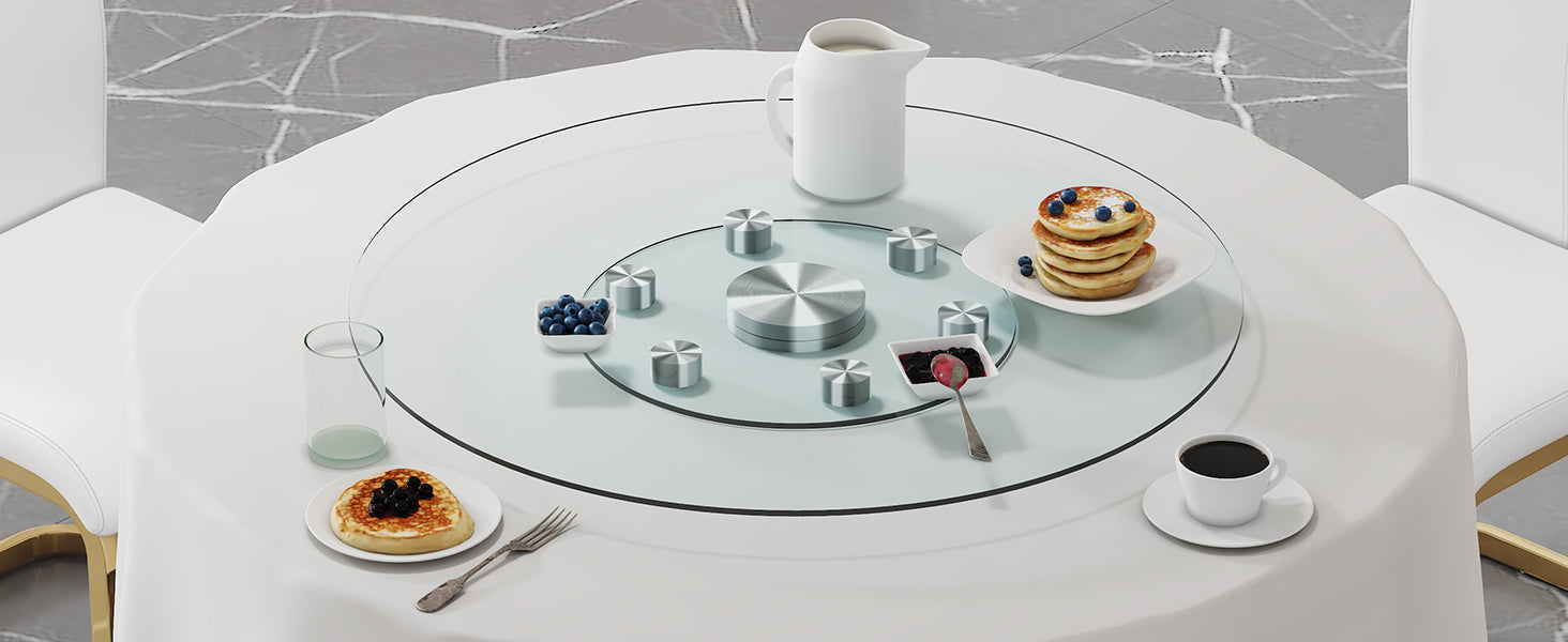 Double Layer Rotatable Round Glass.The Rotatable Design Makes It More Convenient To Retrieve And Place Items.The Upper Glass Has A Diameter Of 30.3 Inches, While The Lower Glass15 Inches. Transparent Glass