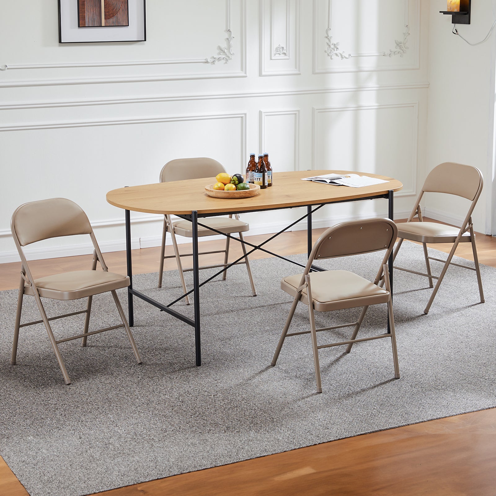 Folding Chair 2 Pack, Leather Padded Folding Chairs, Sturdy Metal Foldable Chairs, For Home, Office, Party, Khaki 2 Pack Khaki Stainless Steel