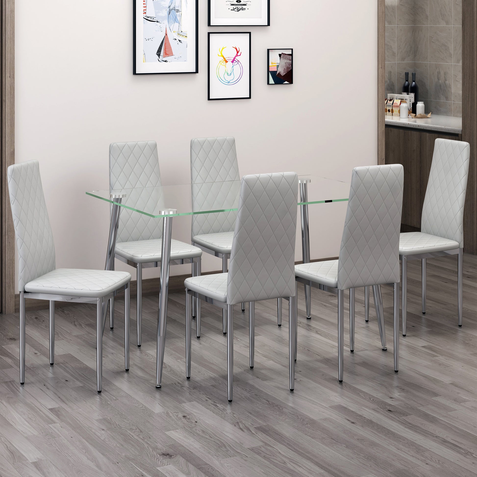 Table And Chair Set.Rectangular Dining Table With Tempered Glass Tabletop And Silver Plating Metal Legs.Paired With 6 Checkered Armless High Back Light Gray Chairs With Electroplated Metal Legs. Transparent Seats 6 Glass Metal