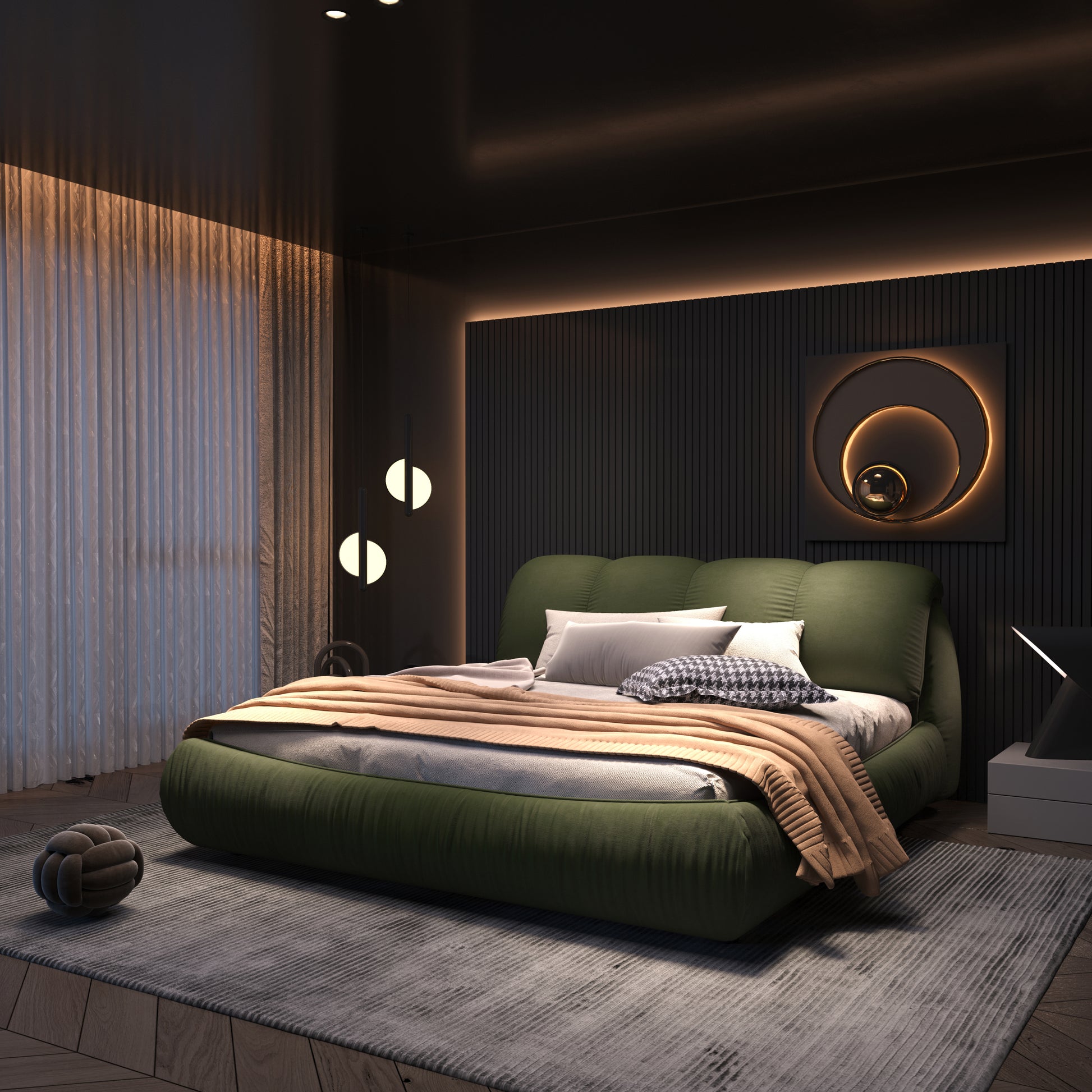 Queen Size Upholstered Platform Bed With Oversized Padded Backrest, Thickening Pinewooden Slats And Solid Wood Leg,Green Box Spring Not Required Queen Green Wood Pine Polyester Solid Wood