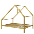 Full Size Metal House Platform Bed With Roof And Chimney, Gold Box Spring Not Required Full Gold Metal Bedroom Bed Frame Metal