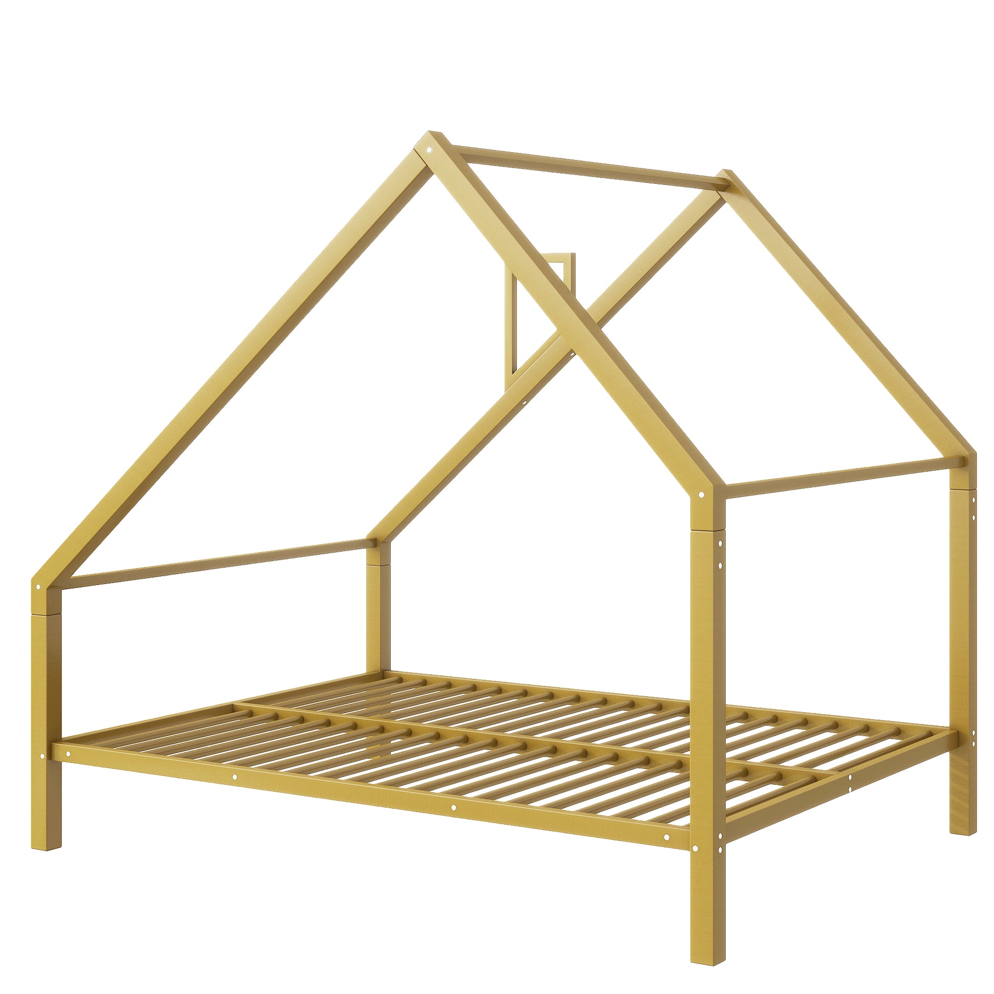 Full Size Metal House Platform Bed With Roof And Chimney, Gold Box Spring Not Required Full Gold Metal Bedroom Bed Frame Metal