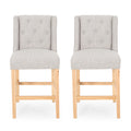 Vienna Contemporary Fabric Tufted Wingback 27 Inch Counter Stools, Set Of 2, Light Gray, Natural Light Grey Natural Fabric