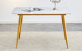 Modern Minimalist Dining Table. White Imitation Marble Patterned Stone Burning Tabletop With Golden Metal Legs. 50 