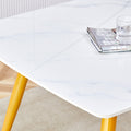 Modern Minimalist Dining Table. White Imitation Marble Pattern Sintered Stone Desktop With Golden Metal Legs.62