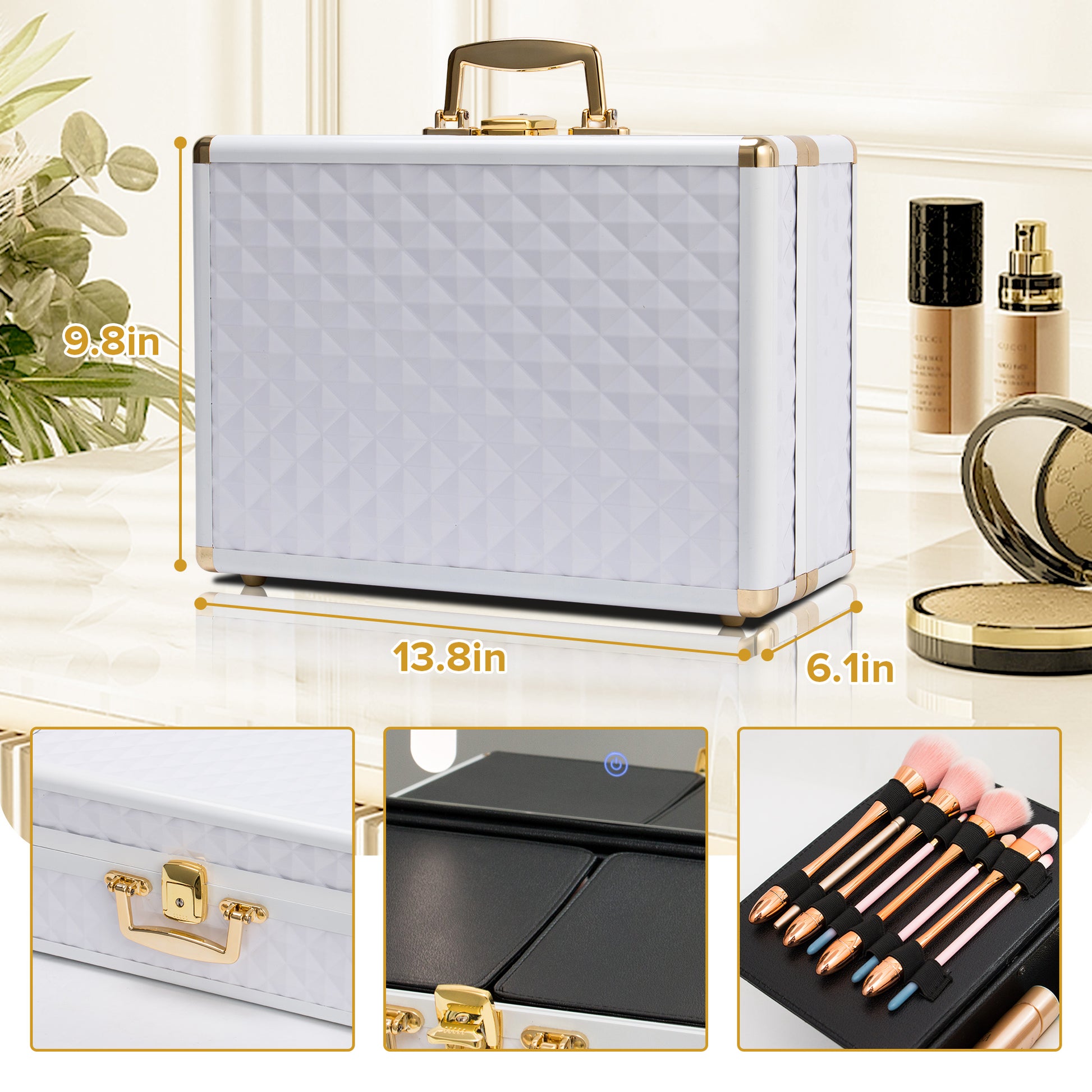 Portable Makeup Case With Led Mirror Travel Makeup Bag Cosmetic Organizer Box With Locks, Brush Holder, Dividers, Rechargeable, White White Aluminium Alloy