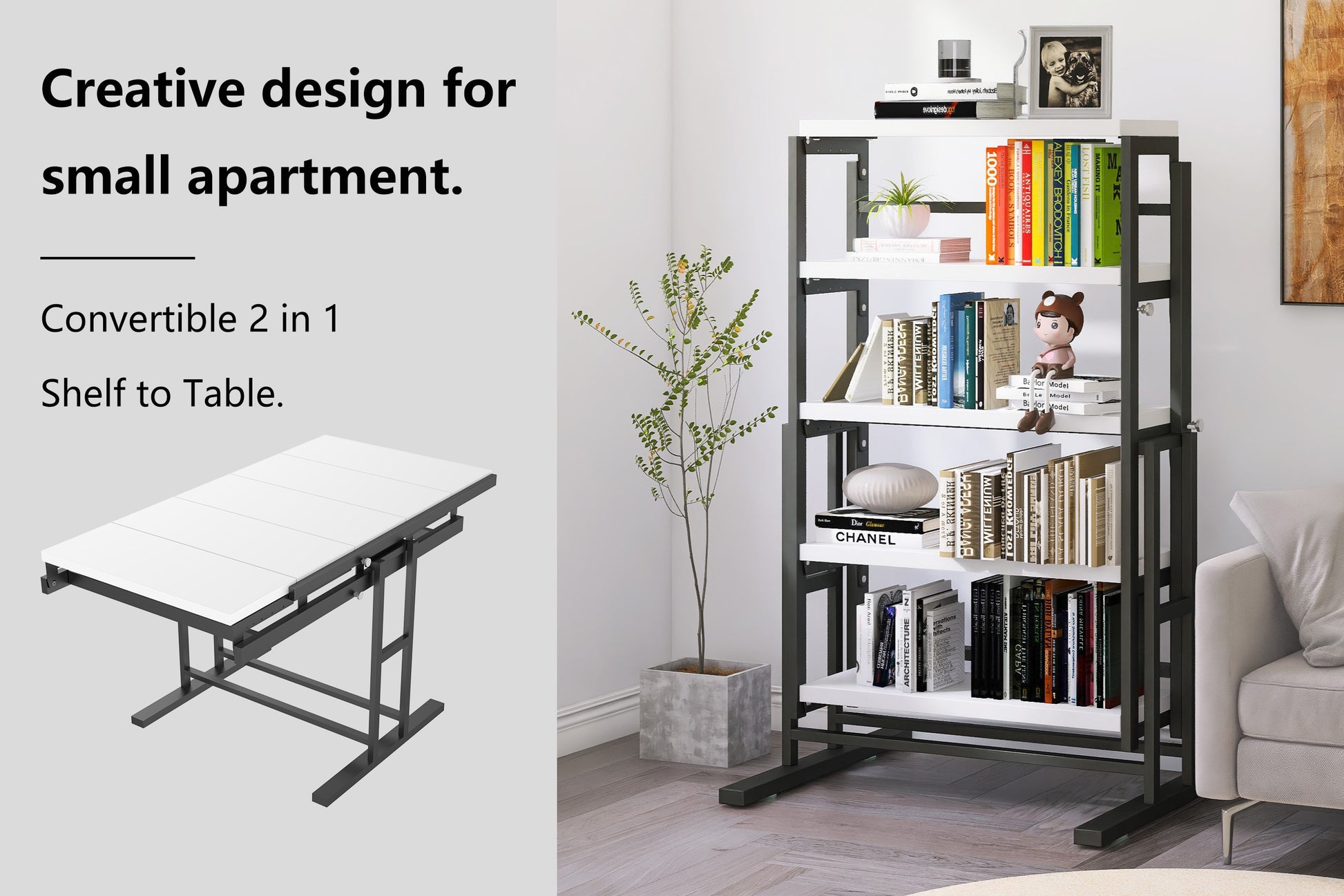 Solid Mahogany Wood Multifunction Convertible Dining Table,Free Switch Space Saving Table Shelf For Home And Studio, White Finish White Solid Wood
