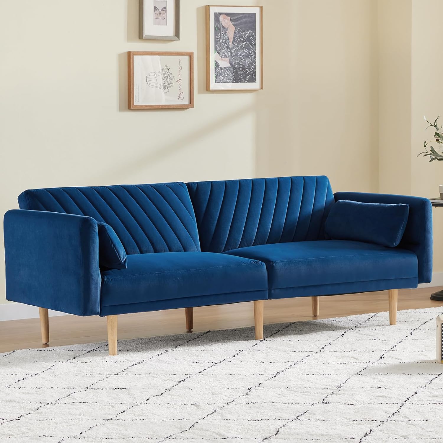 78'' Velvet Futon Sofa Bed, Convertible Sleeper Bed With Adjustable Armrests And Backrest, Loveseat Sleeper Sofa With 2 Pillows, Modern Futon Couches For Living Room, Blue Brown Wood Bedroom Heavy Duty Oak 2 Seat Blue Velvet Soft Cushion Back Mid Century