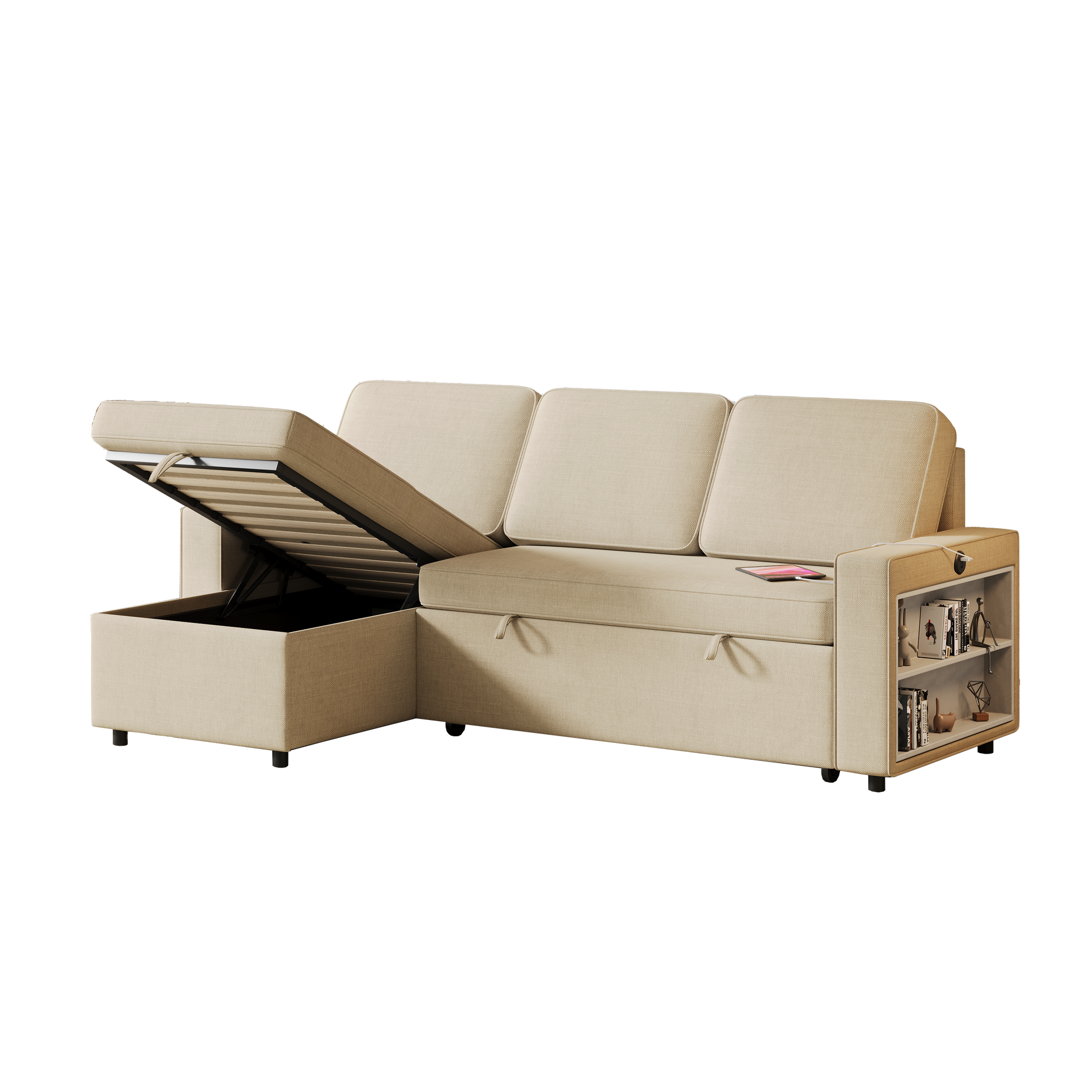 85.8" Pull Out Sleeper Sofa L Shaped Couch Convertible Sofa Bed With Storage Chaise And Storage Racks,With Usb Port And T Pyce Port Beige Fabric 3 Seat