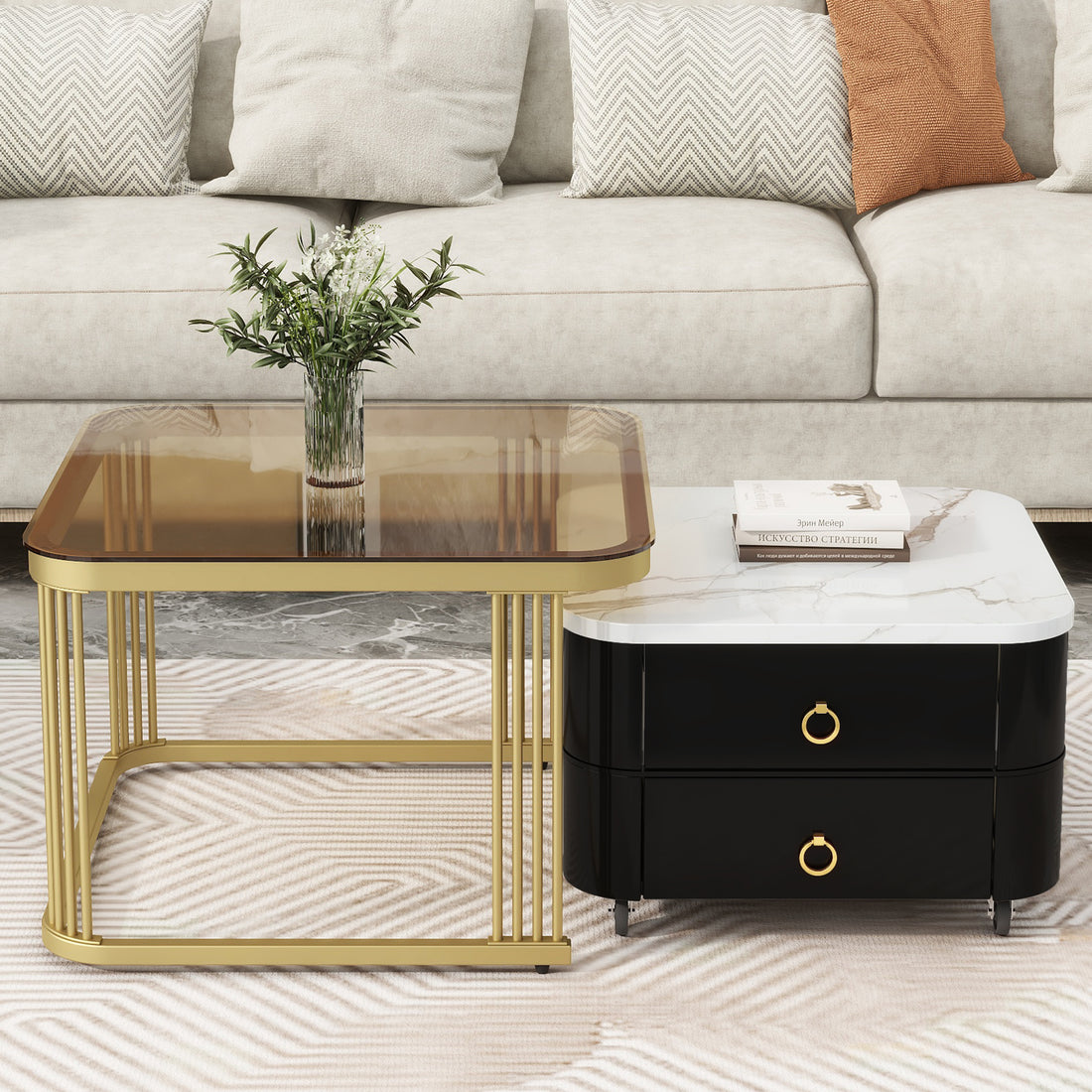 2 In 1 Square Nesting Coffee Table With Wheels & Drawers, Stackable Side Table With High Gloss Marble Grain Top, End Table Set With Brown Tempered Glass For Living Room, Black Black Gold Primary Living Space Drawers Square Mdf Steel