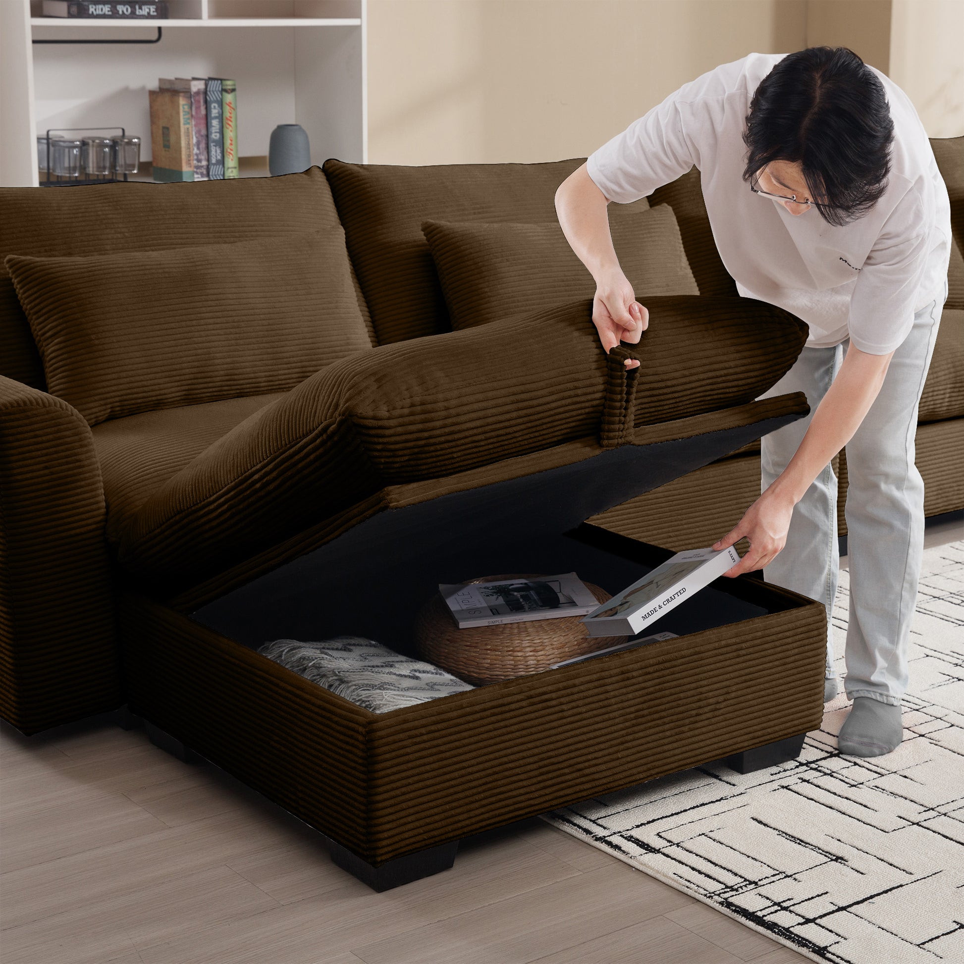 Corduroy Fabric Ottomans Footrest To Combine With 2 Seater Sofa, 3 Seater Sofa And 4 Seater Sofa, Brown Corduroy Brown Corduroy