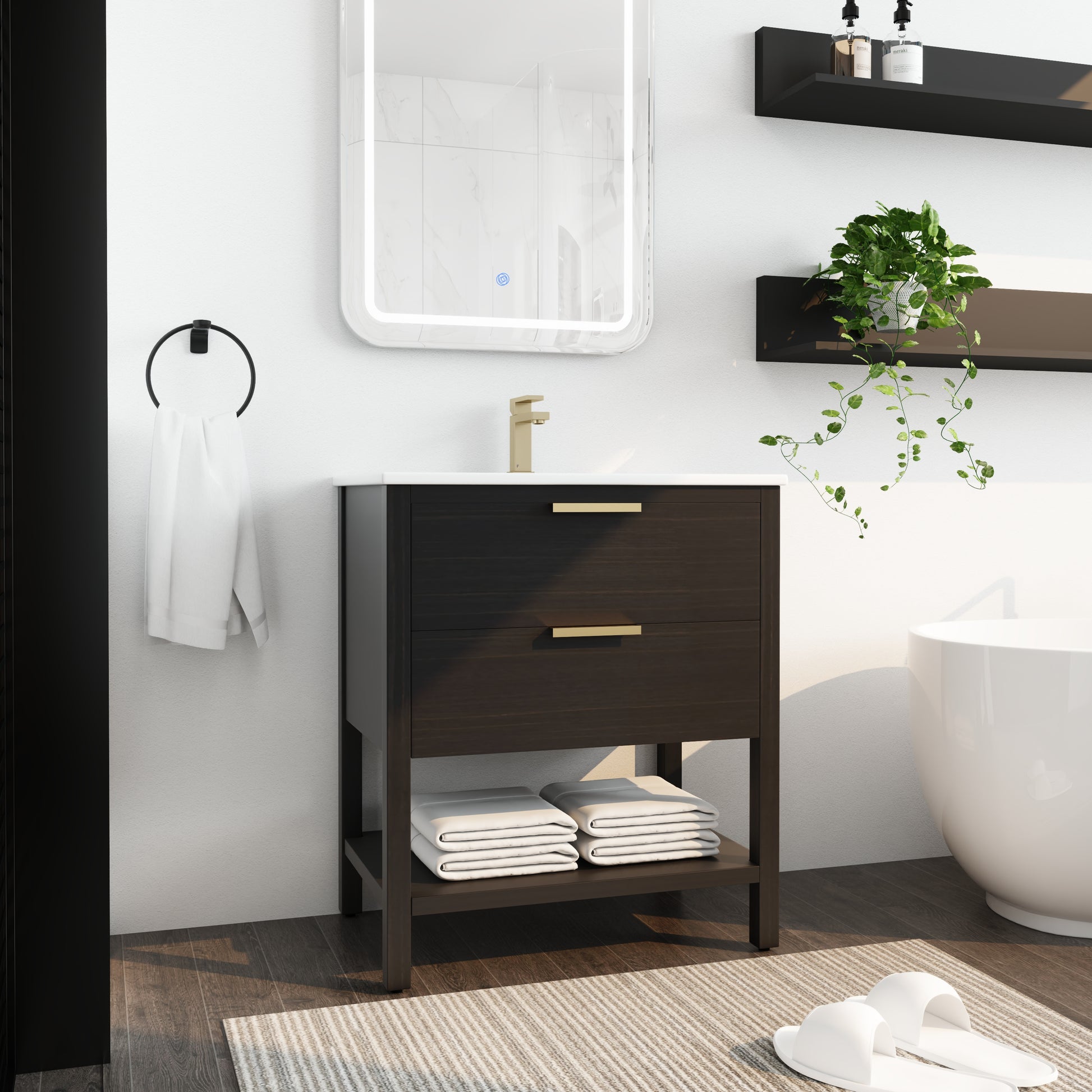 30 Inch Bathroom Vanity With Sink And 2 Soft Close Drawers, Golden Handle Bvb01030Bctg Bl9075B Black Chestnut Bathroom Modern Plywood
