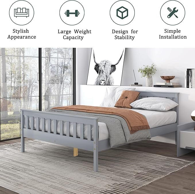 Queen Bed Frames With Headboard, Solid Wooden Platform Bed With Corner, Modern Low Profile Bed Frame, No Box Spring Needed, Grey Queen Grey Wood