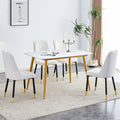 Table And Chair Set.A Morden Table With White Imitation Marble Patterned Stone Burning Tabletop With Golden Metal Legs.Paried With 4 Chairs With Pu Leather Backrest And Black Metal Legs. Black,White Gold Seats 4 Metal,Sintered Stone