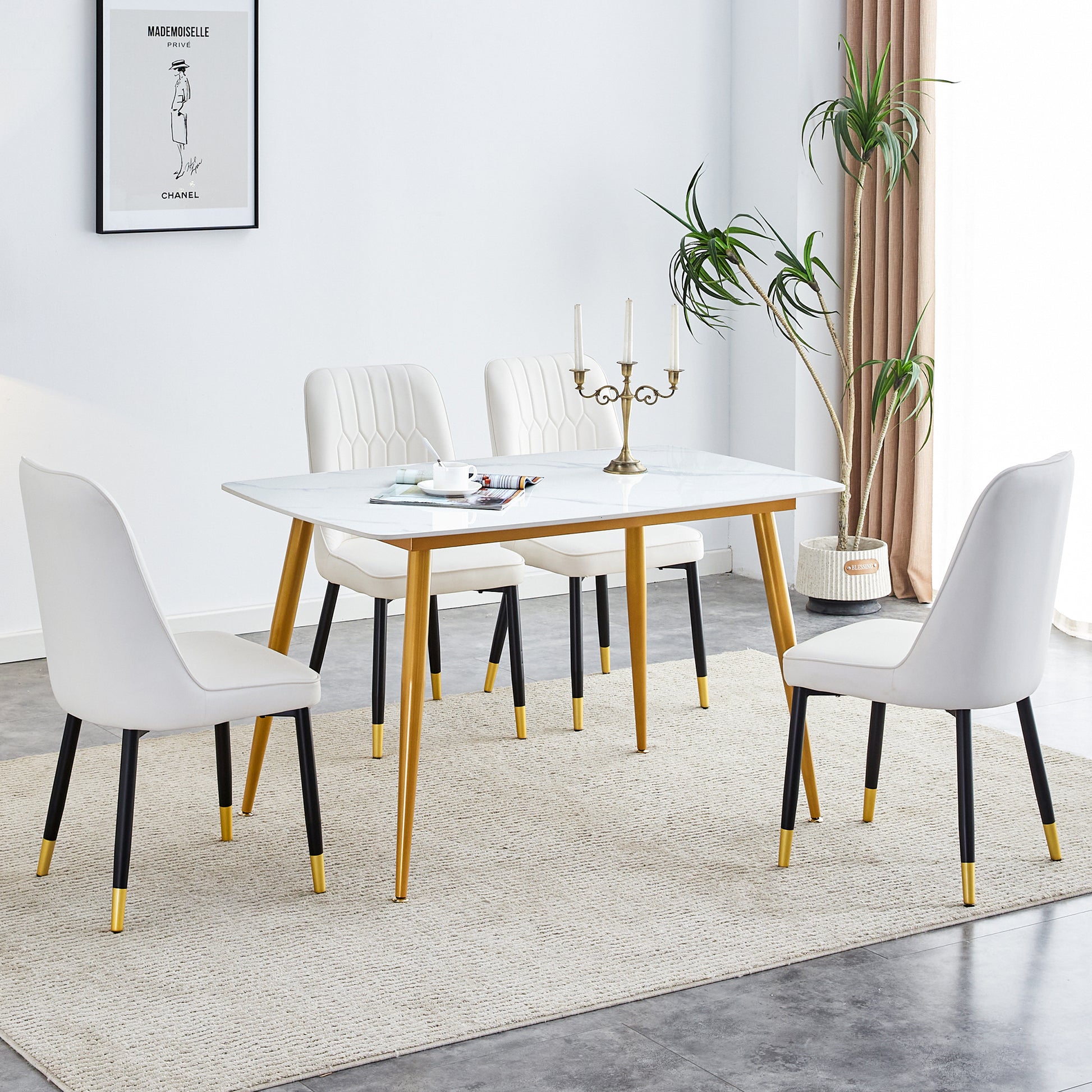 Table And Chair Set.A Morden Table With White Imitation Marble Patterned Stone Burning Tabletop With Golden Metal Legs.Paried With 4 Chairs With Pu Leather Backrest And Black Metal Legs. Black,White Gold Seats 4 Metal,Sintered Stone