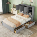 Queen Size Platform Bed With Storage Headboard And 4 Drawers, Gray Box Spring Not Required Queen Gray Wood Bedroom Bed Frame Solid Wood Mdf