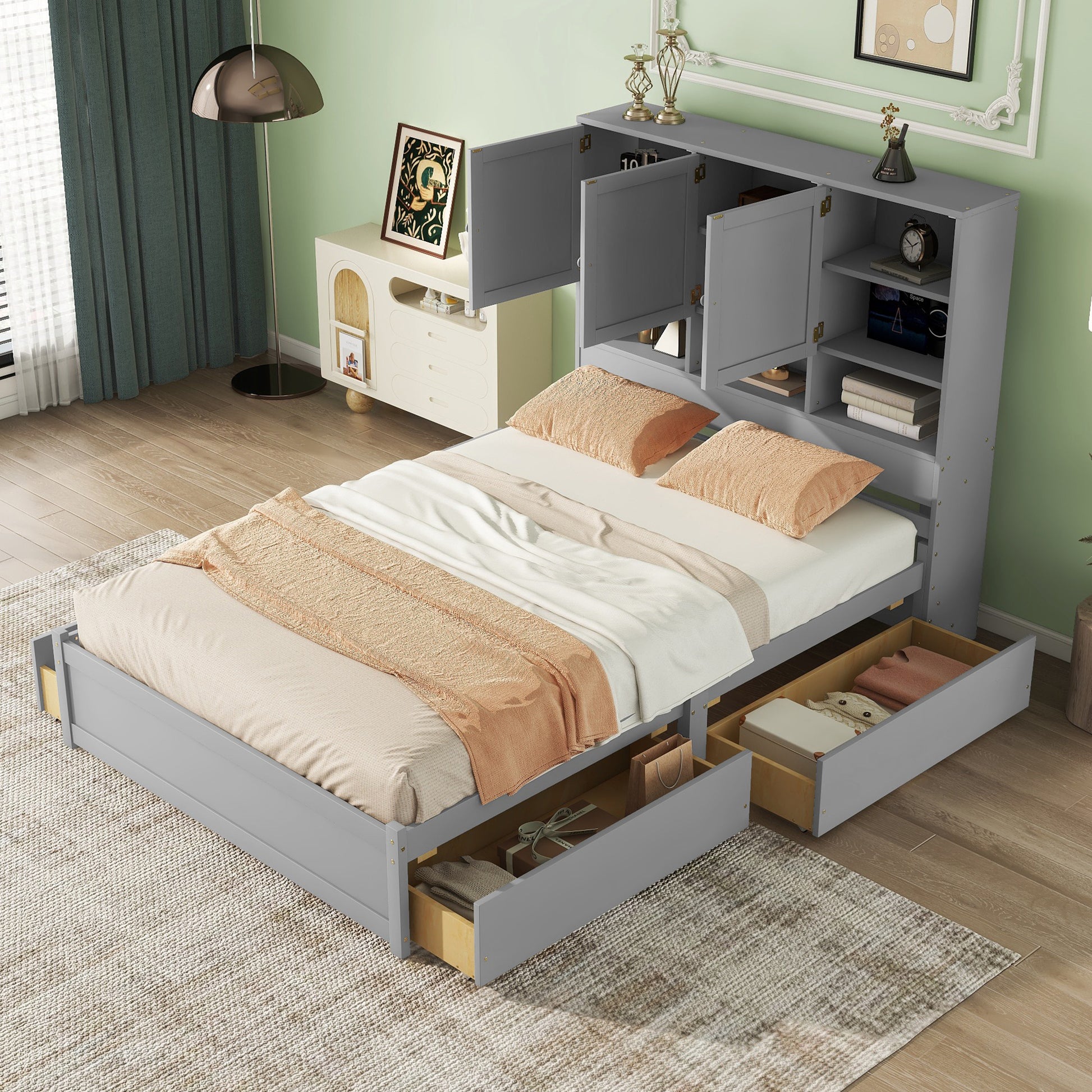 Queen Size Platform Bed With Storage Headboard And 4 Drawers, Gray Box Spring Not Required Queen Gray Wood Bedroom Bed Frame Solid Wood Mdf