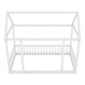 Twin Size Floor Wooden Bed With House Roof Frame And Safety Guardrails ,White Twin White Pine