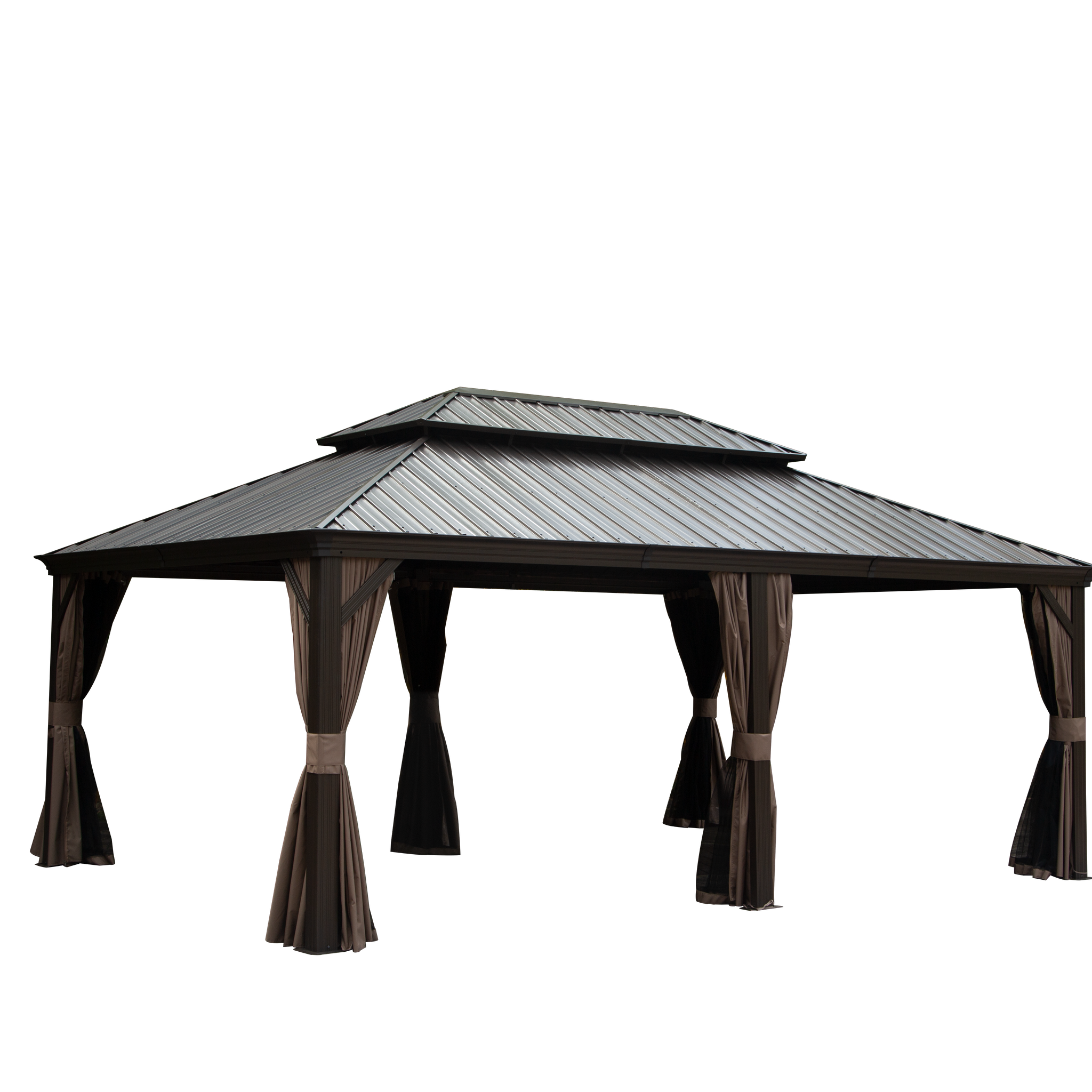 Outdoor Living 14X20Ft Hardtop Gazebo, Permanent Metal Gazebo With Galvanized Steel Double Roof And Aluminum Frame, Curtain And Netting, Large Pavilion Gazebo For Patio Deck Garden Brown Aluminum