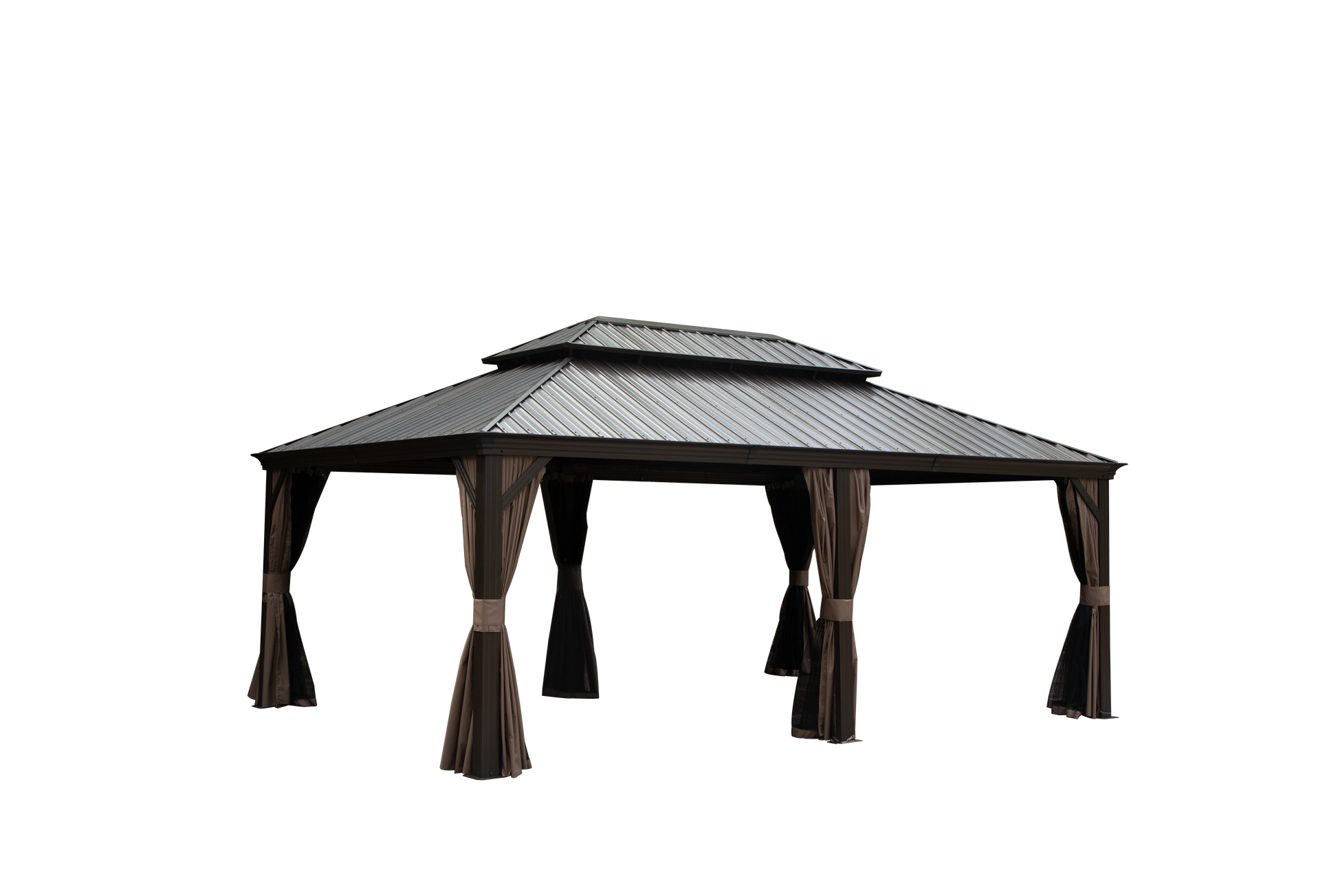 Outdoor Living 14X20Ft Hardtop Gazebo, Permanent Metal Gazebo With Galvanized Steel Double Roof And Aluminum Frame, Curtain And Netting, Large Pavilion Gazebo For Patio Deck Garden Brown Aluminum