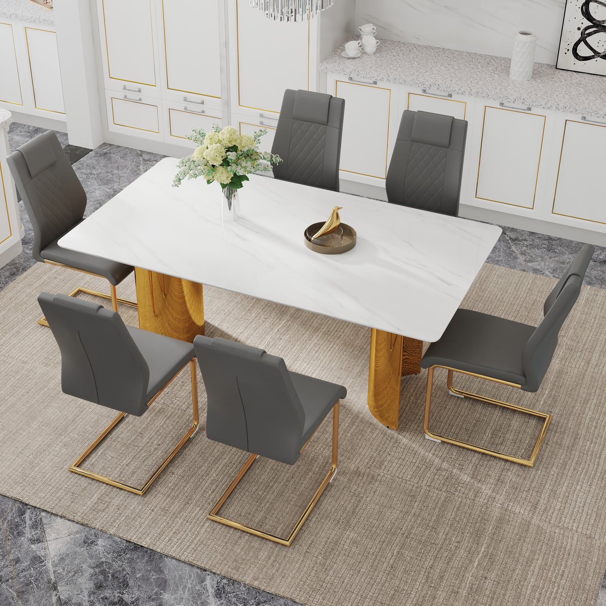 Table And Chair Set.The Table Has A Glass Tabletop With Imitation Marble Pattern Stickers And Stainless Steel Golden Table Legs. Paried With Comfortable Chairs With Pu Seats And Metal Legs. White Gold Seats 6 Glass Metal