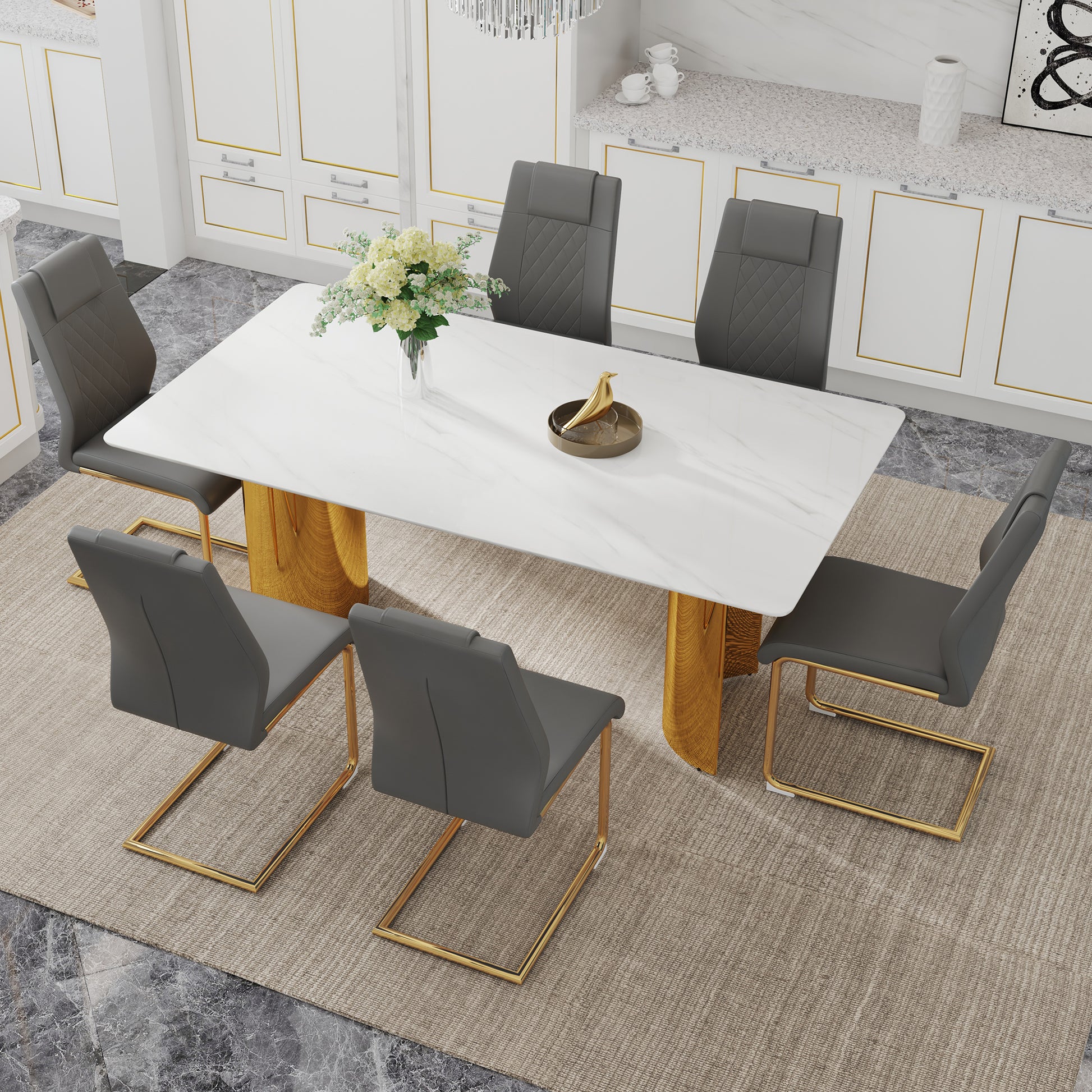 Table And Chair Set.The Table Has A Glass Tabletop With Imitation Marble Pattern Stickers And Stainless Steel Golden Table Legs. Paried With Comfortable Chairs With Pu Seats And Metal Legs. White Gold Seats 6 Glass Metal