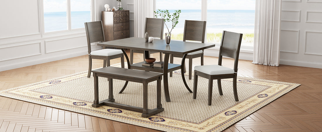 6 Piece Wood Dining Table Set With Storage Shelf And Curved Legs, Kitchen Table Set With Bench And 4 Removable Cushions Dining Chairs, Modern Style, Brown Gray Cushion Wood Dining Room Solid Wood Rubberwood Rectangular Dining Table With Bench Wood Wood