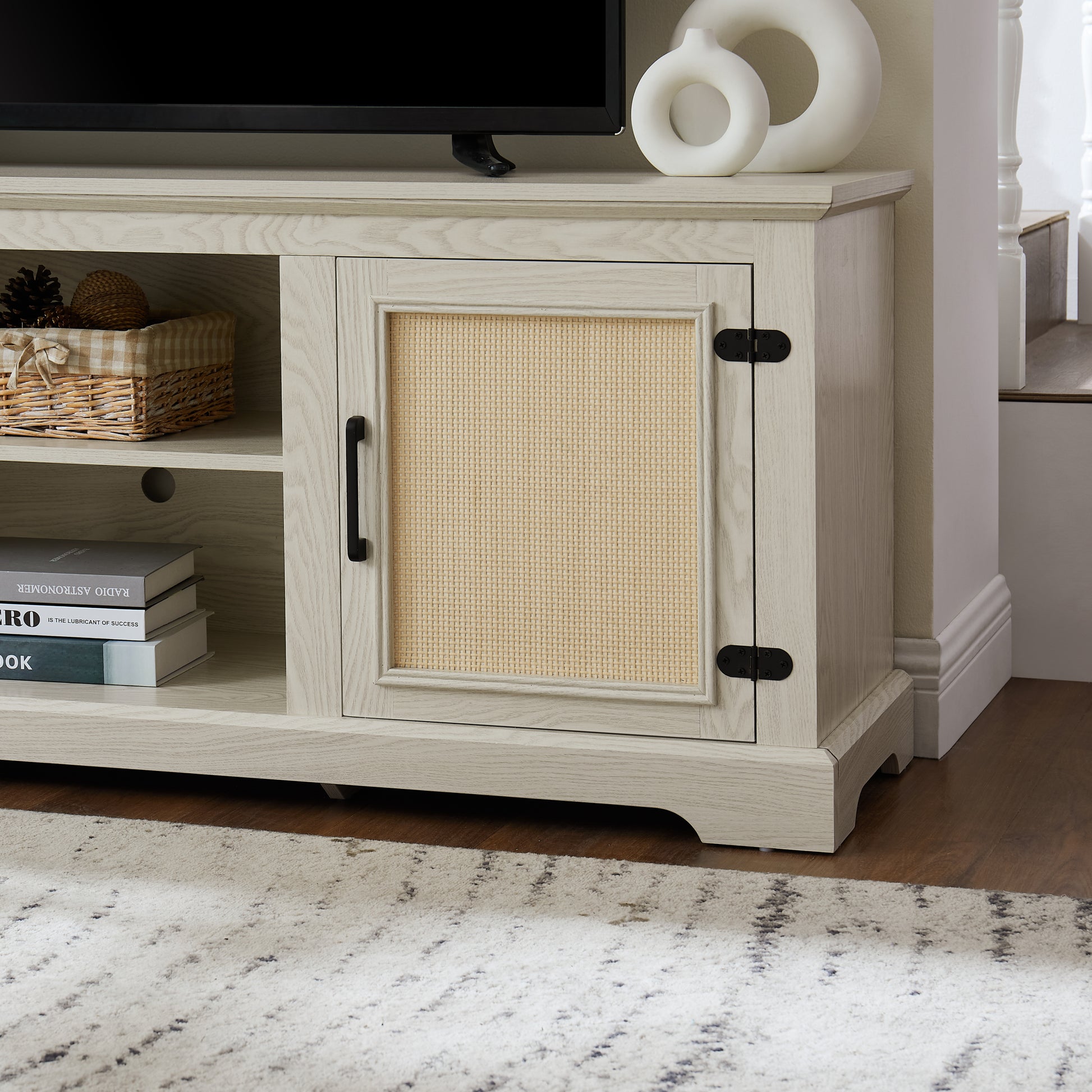 Farmhouse Rattan Tv Stand Console Table For Tvs Up To 70 Inches, Tv Console Table With 2 Storage Shelves, 2 Natural Rattan Door Cabinets,65"W*15.55"D*23.86"H, White Antique White 70 79 Inches Mdf