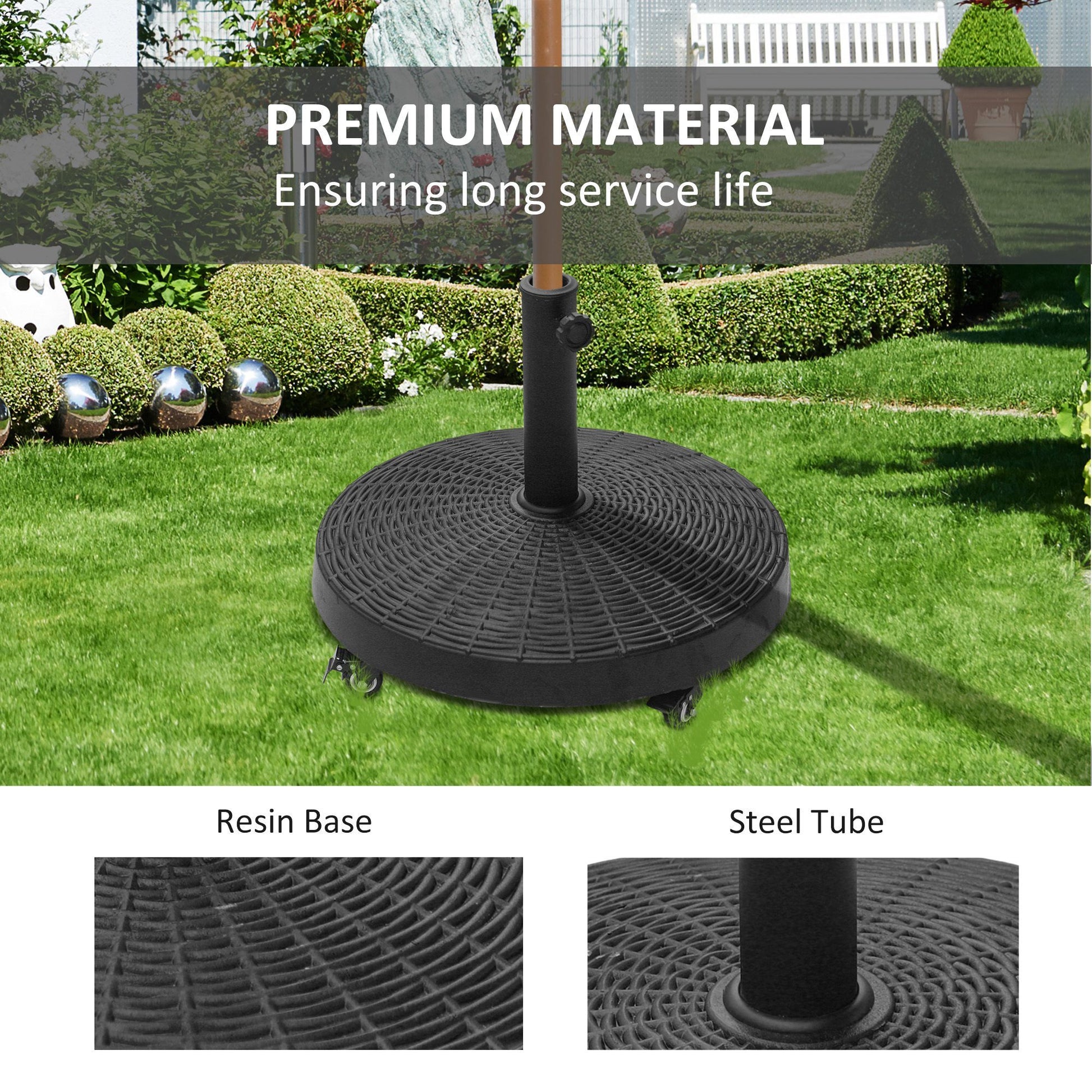 Outsunny 50 Lbs. Umbrella Base, 20.5", Round Heavy Duty Umbrella Stand With Wheels For 1.5" Or 2" Umbrella Poles, Patio Market Stand For Outdoor, Lawn, Deck, Poolside, Black Black Resin