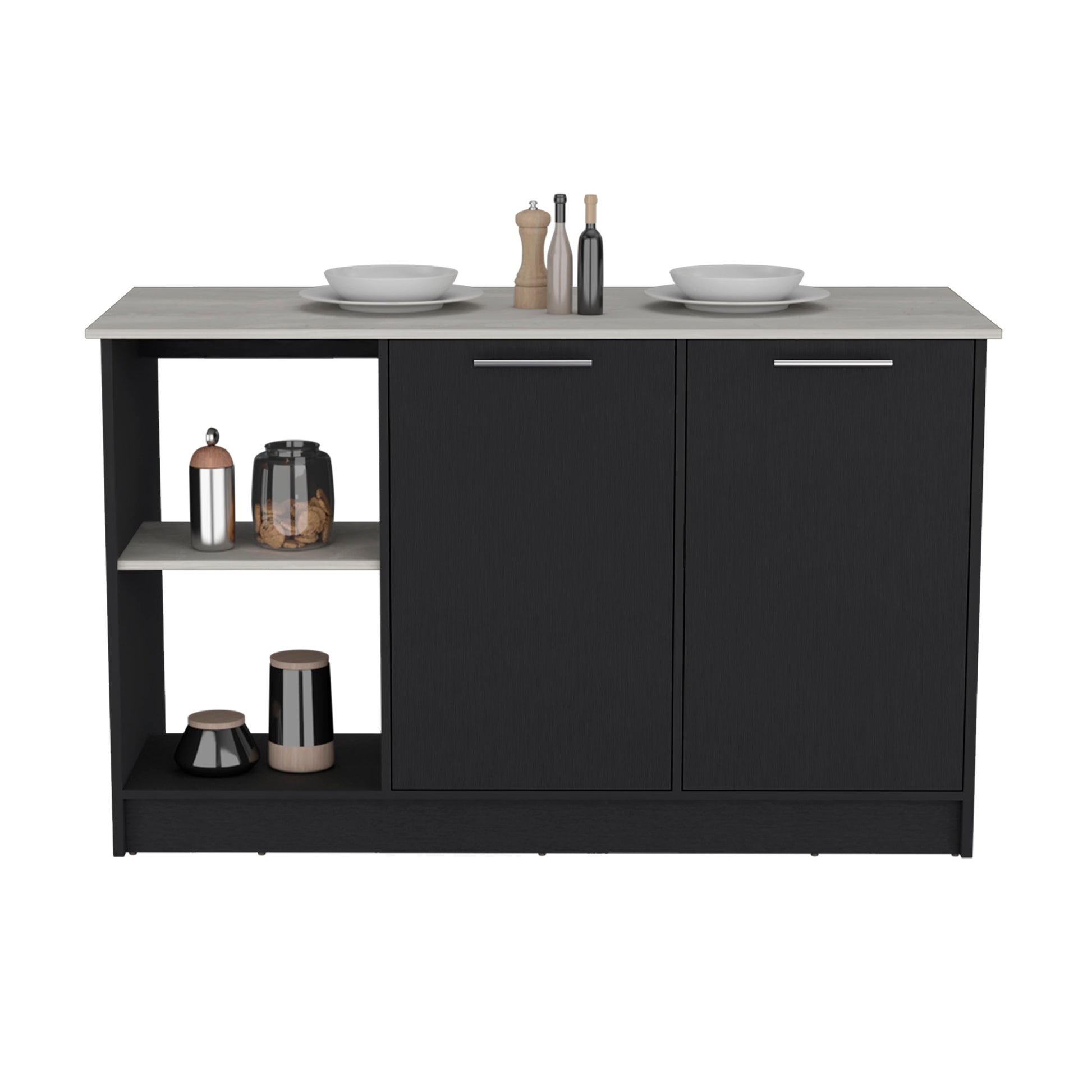 Kitchen Island With Large Countertop, Open Storage Shelves And Double Door Cabinet, Black Onyx Black Solid Wood Mdf Engineered Wood