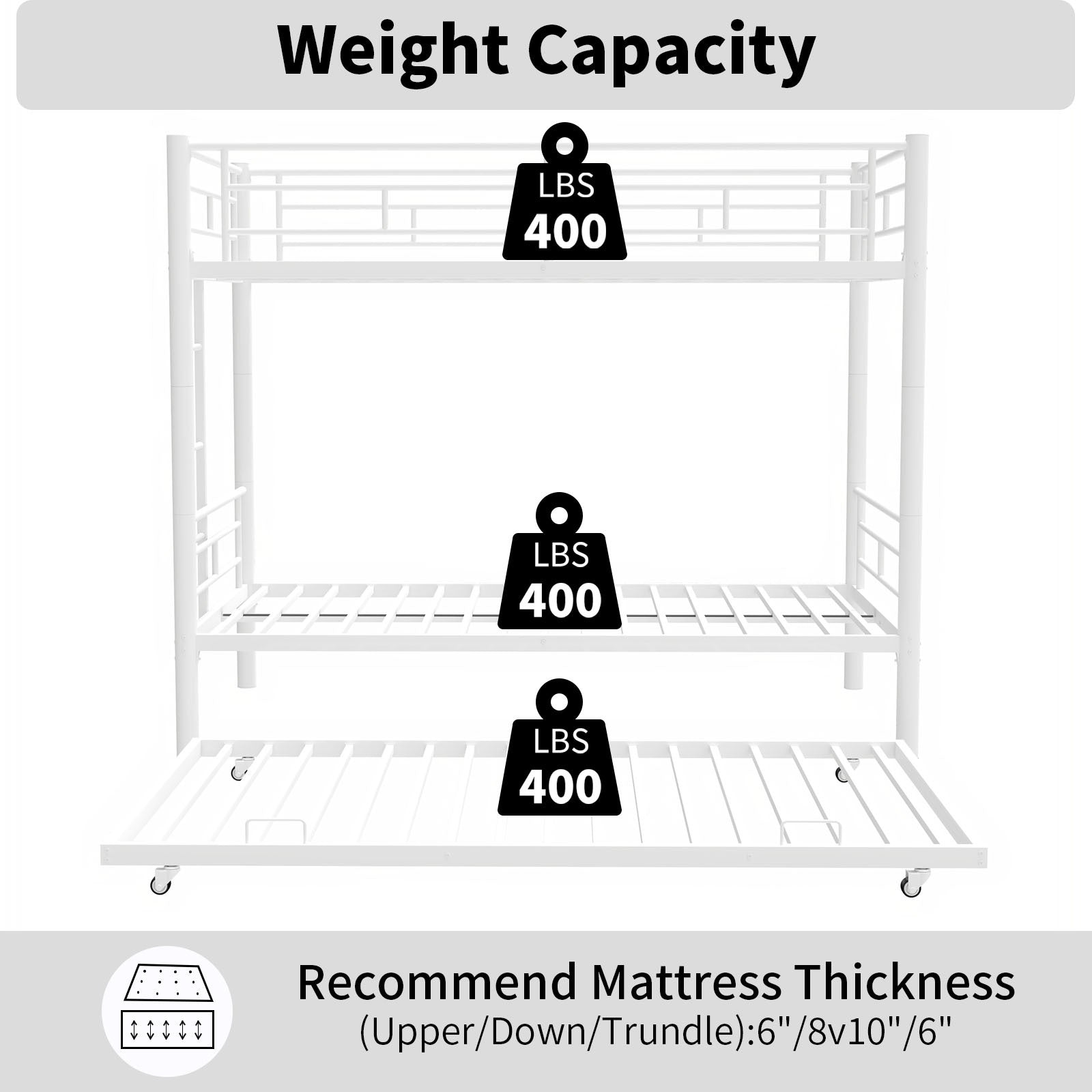 Heavy Duty Sturdy Meta Twin Over Twin With Trundle Bunk Bed L Noise Reduced Safety Guardrail No Box Spring Needed,White Box Spring Not Required Twin White Metal