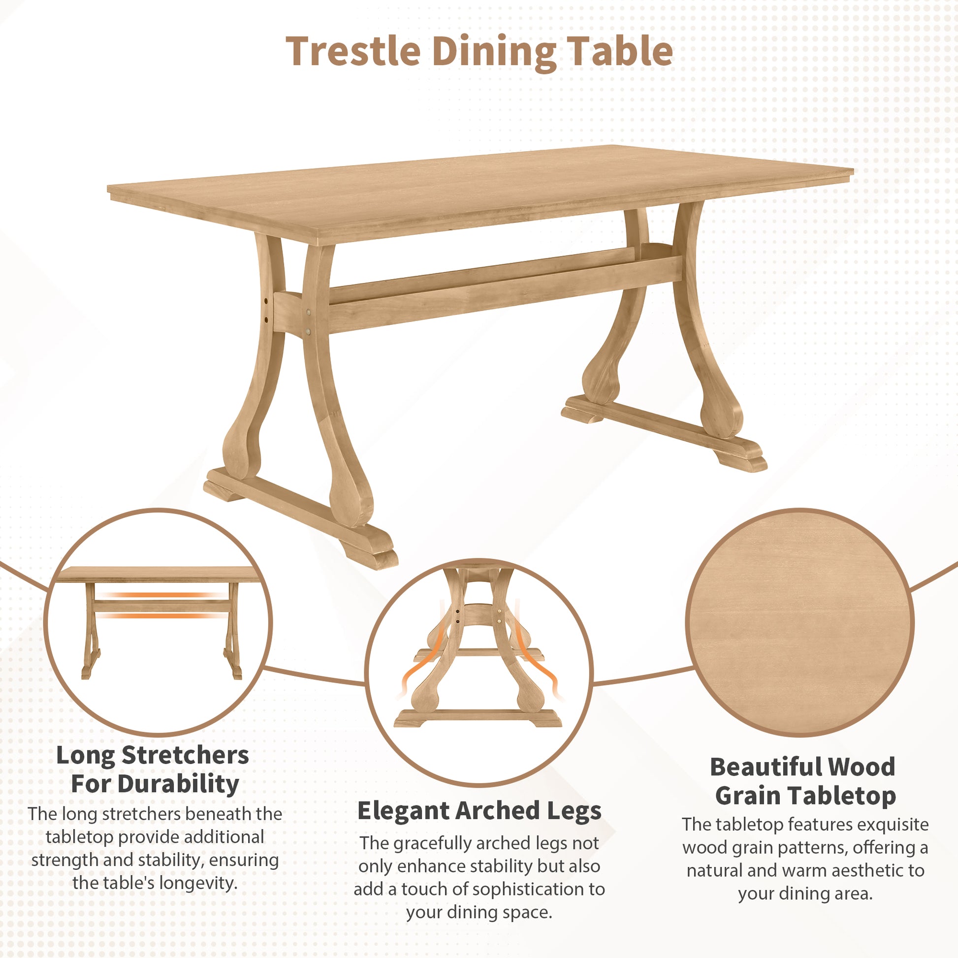 Retro 7 Piece Trestle Dining Table Set With Upholstered Dining Chairs, Smooth Dining Backs For Dining Room, Living Room, Kitchen, Natural Upholstered Chair Wood Natural Beige Seats 6 Wood Dining Room Solid Wood Rubberwood Trestle Rectangular Foam Dining