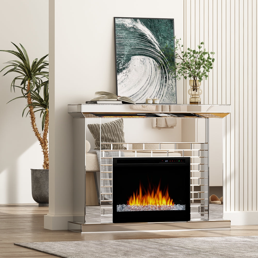 44'' W Electric Fireplace With Silver Mirrored Mantel Silver 400 Primary Living Space Modern Yes Freestanding Metal Synthetic Wood Mirror Electric