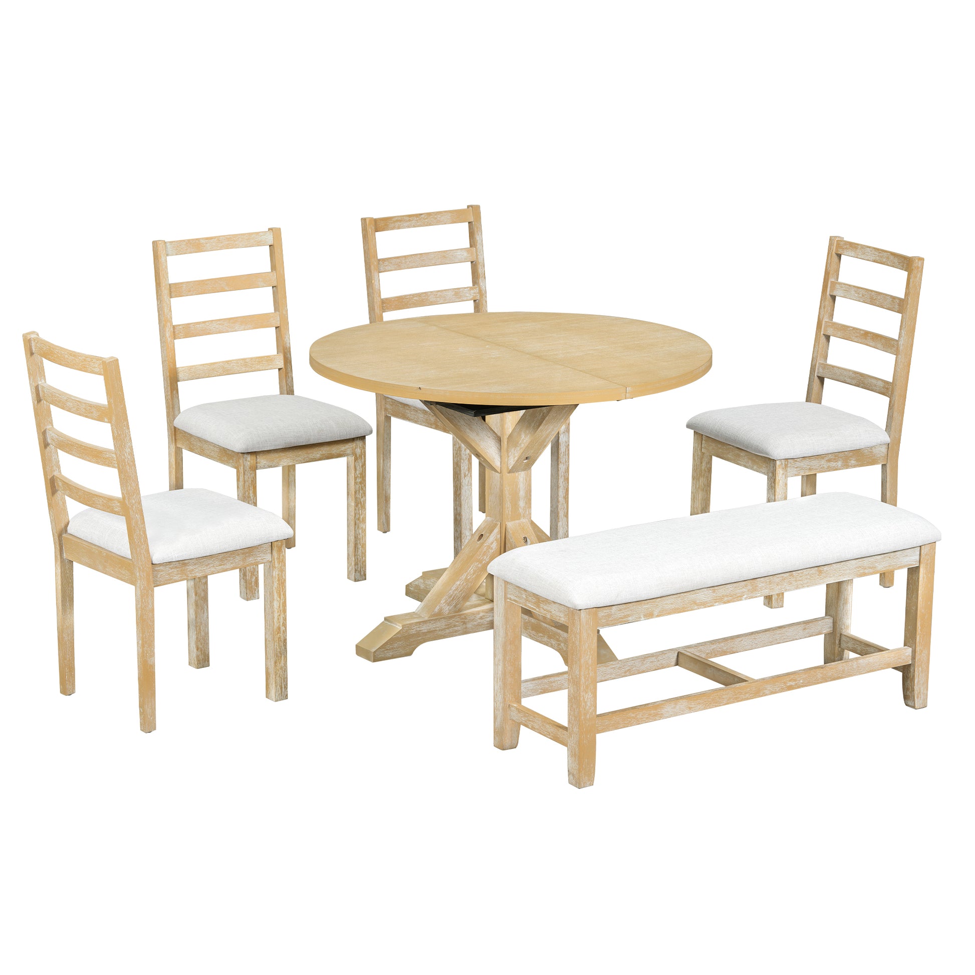 Farmhouse 6 Piece 60Inch Extendable Pedestal Dining Table Set With 18Inch Removable Leaf, 44Inch Bench And 4 Ladder Back Dining Chairs, Natural Wood Dining Room Solid Wood Rubberwood Oval Dining Table With Bench Wood Wood Natural Ladder Back Seats 6 60