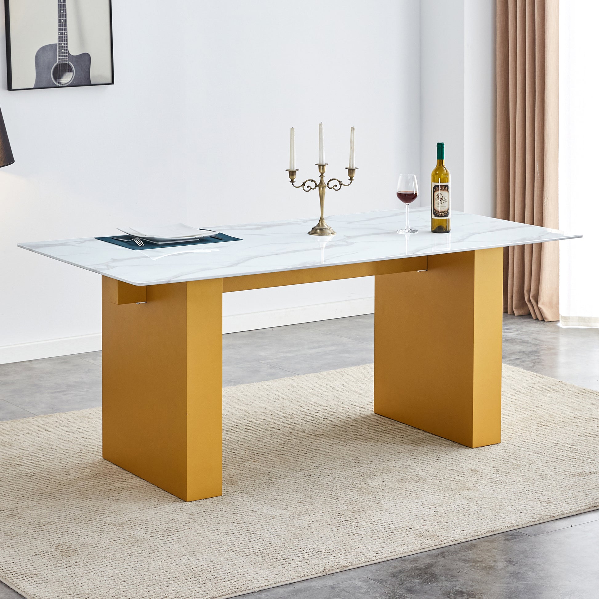 Large Modern Rectangular Table With 0.4 Inch Patterned Tabletop And Large Mdf Table Legs, Suitable For Kitchen, Dining Room, And Living Room 71 "* 35.4" * 30 " 1546 Gold Mdf Glass