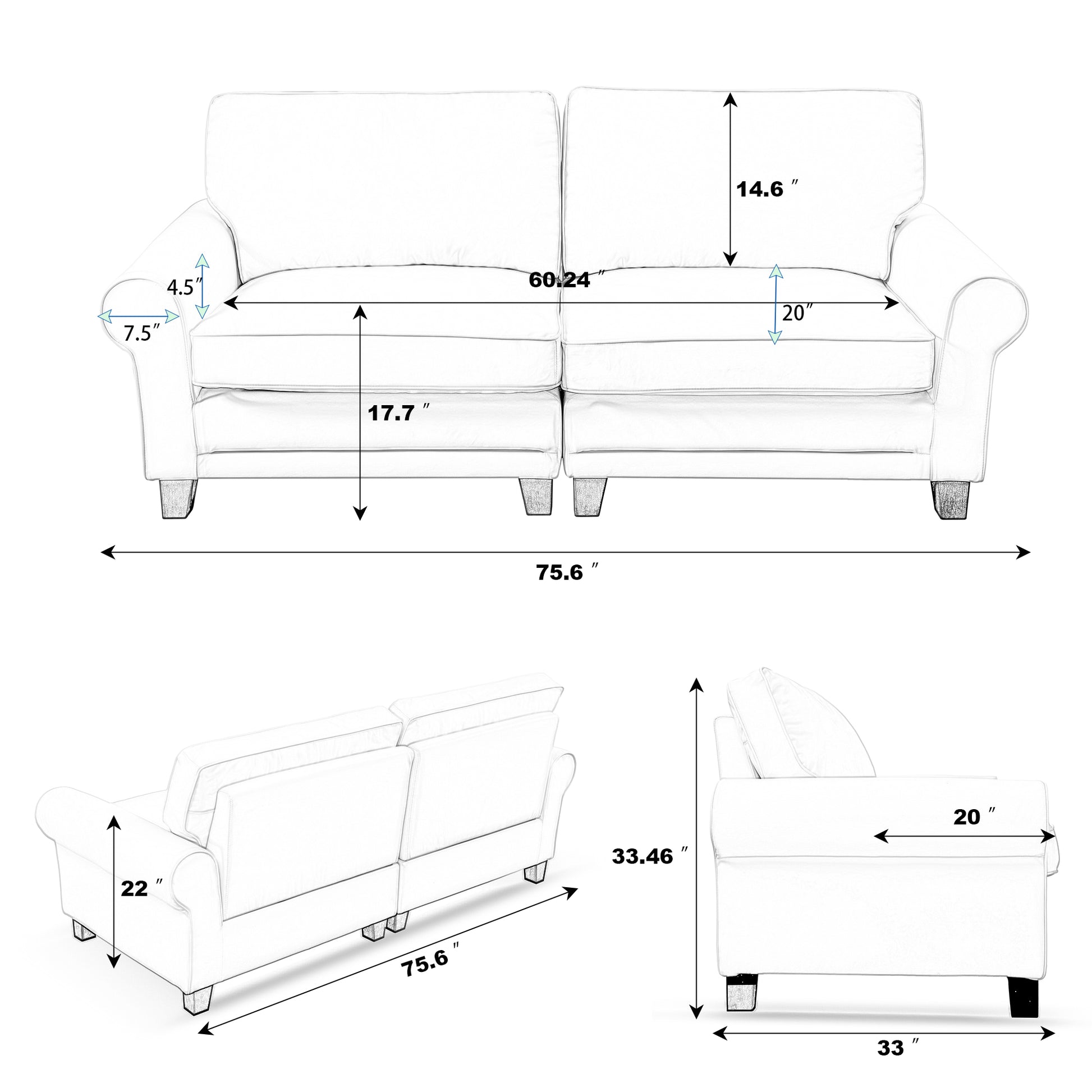 75.6" Pets Friendly Fabric Rolled Arm Upholstered Loveseat 2 Seater Couch With Removable Back Cushionmodern Couches For Small Spaces Living Room, Bedroom, Apartment, Beige White Beige Fabric