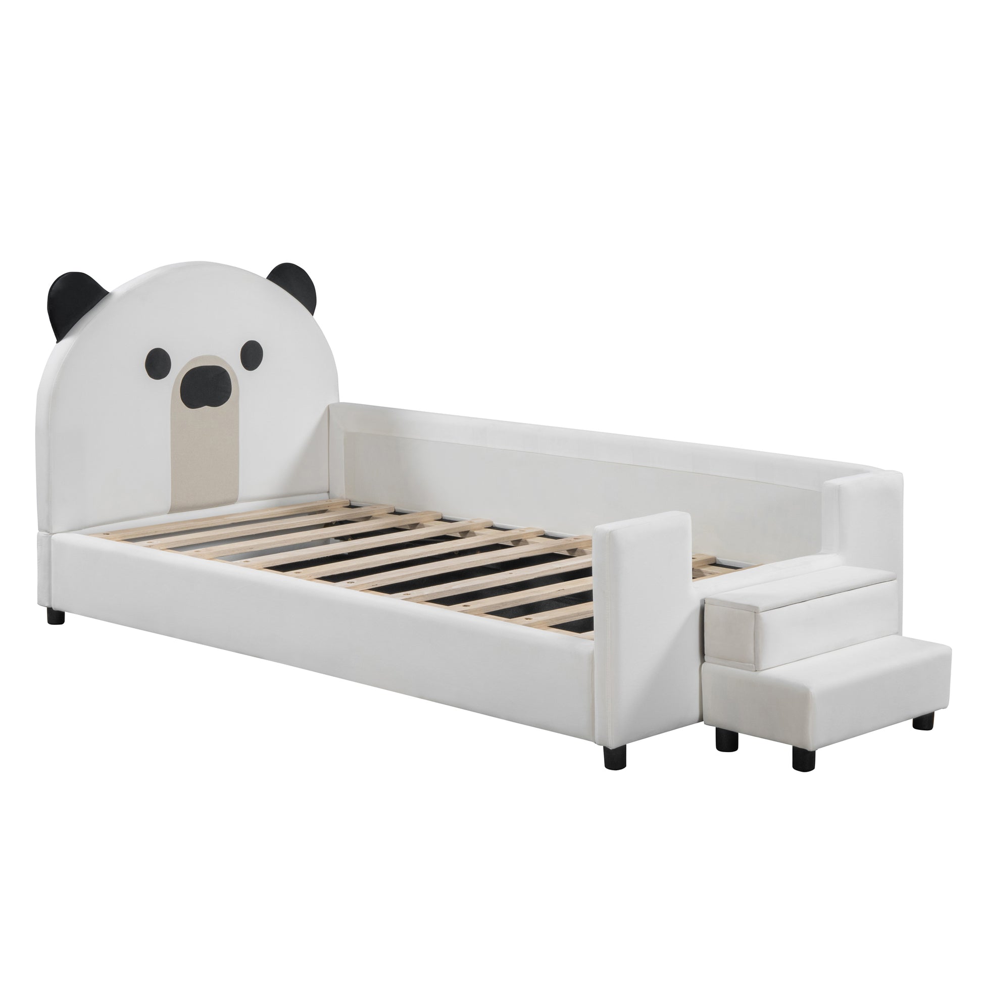 Twin Size Upholstered Daybed With Bear Shaped Headboard, Hydraulic System Andmesh Fence, White White Velvet
