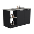 Kitchen Island With Large Countertop, Open Storage Shelves And Double Door Cabinet, Black Onyx Black Solid Wood Mdf Engineered Wood