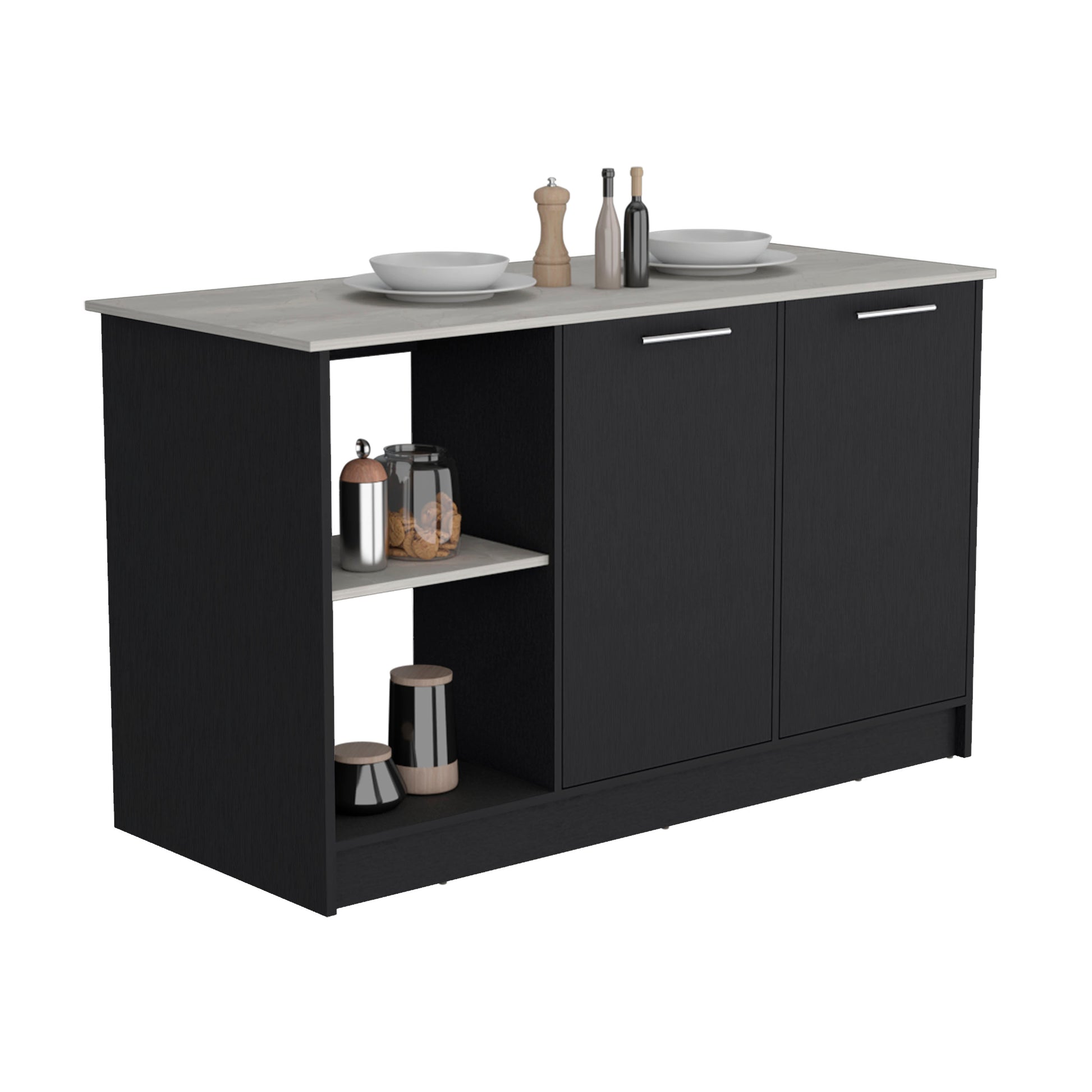 Kitchen Island With Large Countertop, Open Storage Shelves And Double Door Cabinet, Black Onyx Black Solid Wood Mdf Engineered Wood