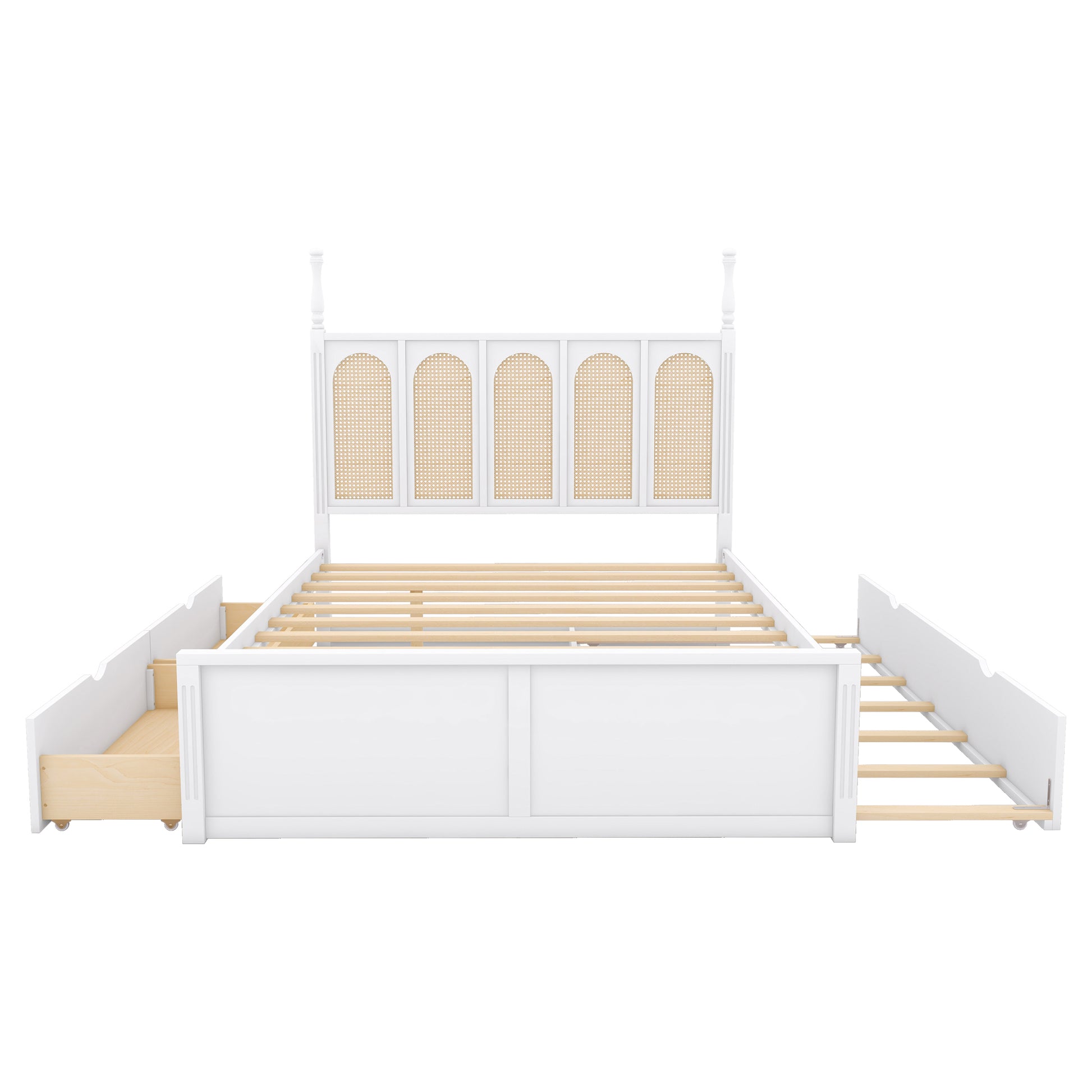 Queen Size Rattan Platform Bed With With 2 Big Drawers, T Size Trundle, White Queen White Plywood