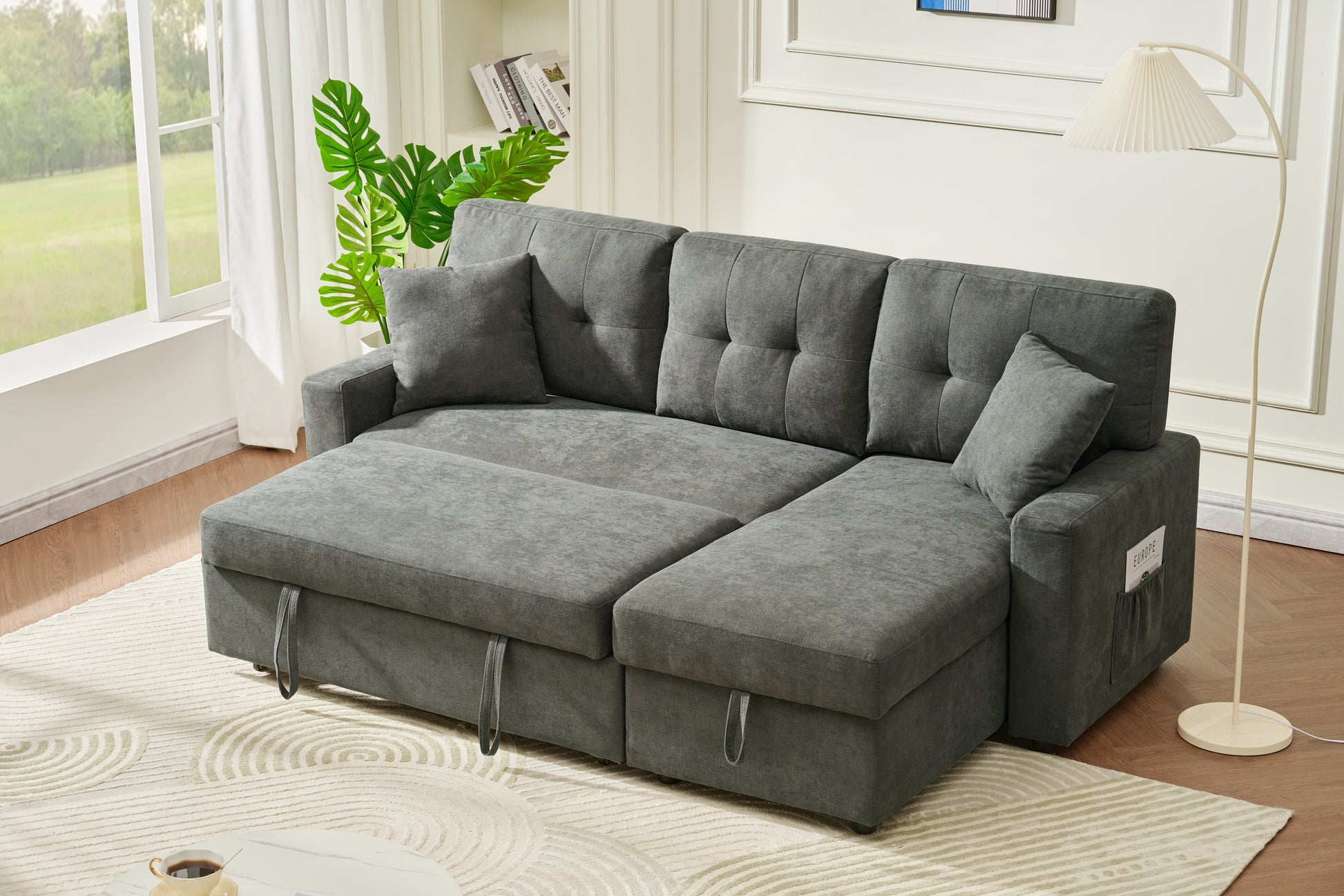 Sectional Sofa Bed L Shaped Sofa Couch Bed With Usb Port, Reversible Sofa Couch Sleeper With Pull Out Bed, Chaise With Storage, Pull Out Couch For Living Room Dark Gray Wood Fabric 3 Seat