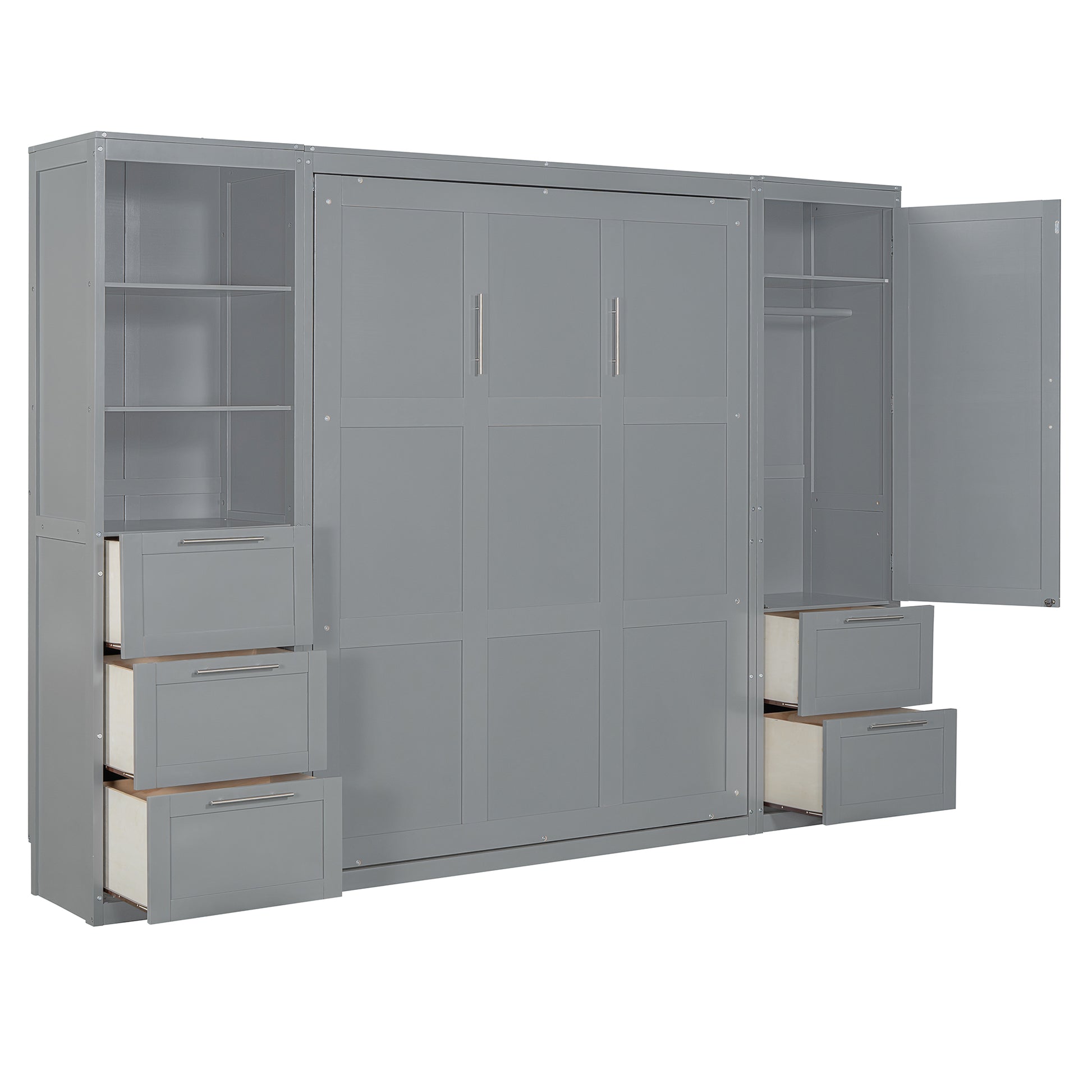 Queen Size Murphy Bed Wall Bed With Closet ,Drawers And Shelves,Gray Queen Gray Mdf Lvl