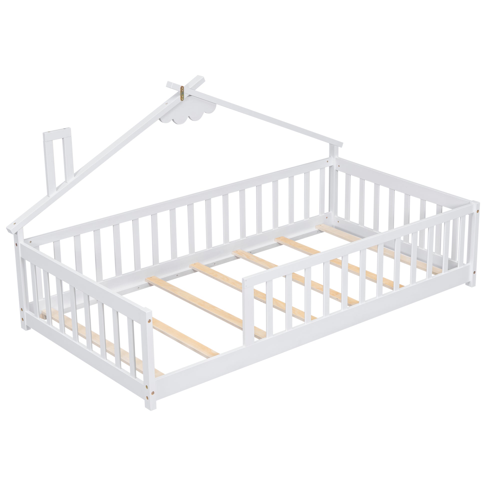 Twin House Shaped Bedside Floor Bed With Guardrails, Slats, Without Door,White Twin White American Design Pine