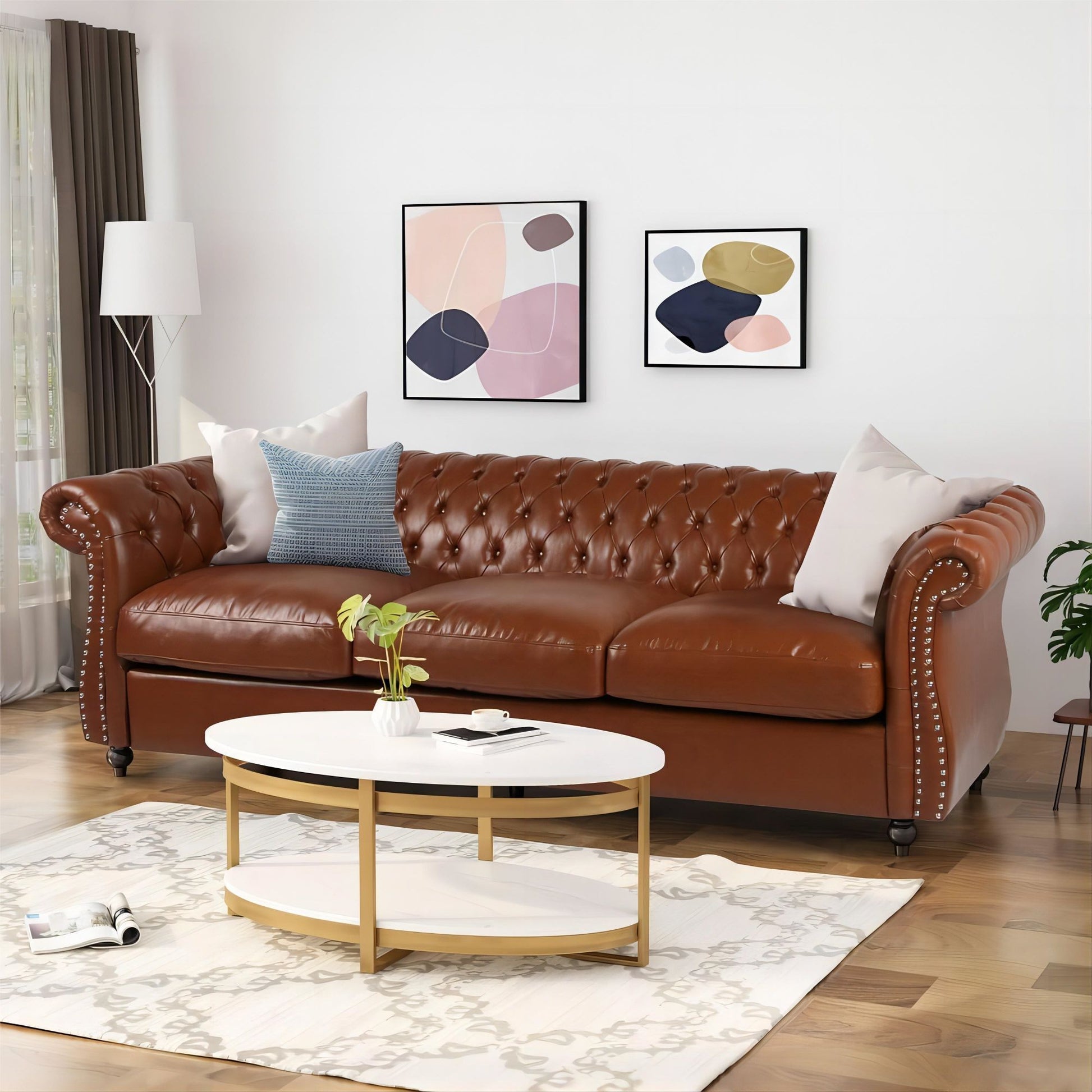 84.50'' Mid Century Cognac Brown 3 Seater Sofa, Pu, Classic Retro Sofa With Rolled Arms Modern, Elegant, And Comfortable Couch, Perfect For Living Room, Office, Bedroom, Primary Living Spaces Cognac Wood Primary Living Space Medium Soft Tight Back Medium