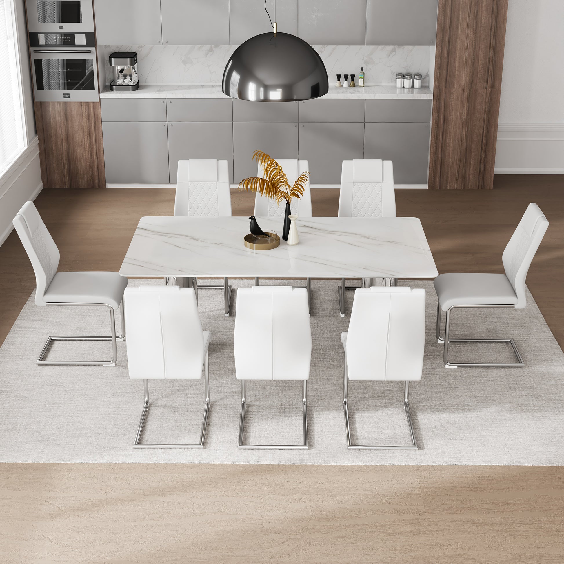 Table And Chair Set, Modern And Minimalist Dining Table. Imitation Marble Glass Sticker Desktop, Stainless Steel Legs, Stable And Beautiful. Comfortable Pu Seats. Dt 69 White Silver Glass