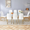 Table And Chair Set.Modern Rectangular Glass Dining Table With A Tempered Glass Tabletop And Metal Legs, Paired With Multiple Chairs Designed With Pu Cushions And Golden Metal Legs. White Gold Seats 8 Tempered Glass