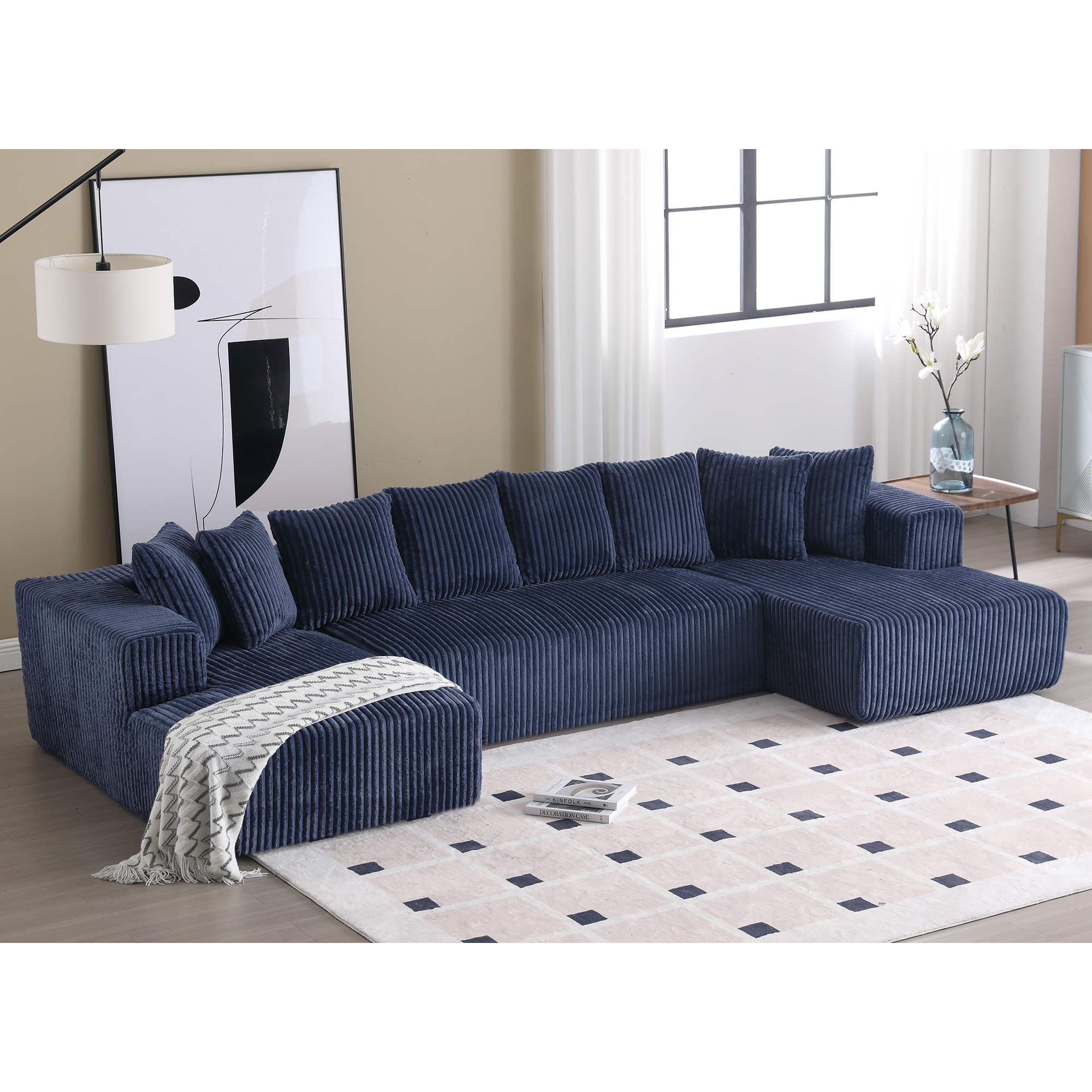 Arrived 131'' Modular Sectional Couch, U Shaped Sofachaise Lounge, Striped Fabric,Upholstered 4 Seater Couch For Living Room, Bedroom, Free Combination Sofa Corduroy , Blue Blue Polyester Primary Living Space Soft Modern Square Arms Foam Upholstered 4